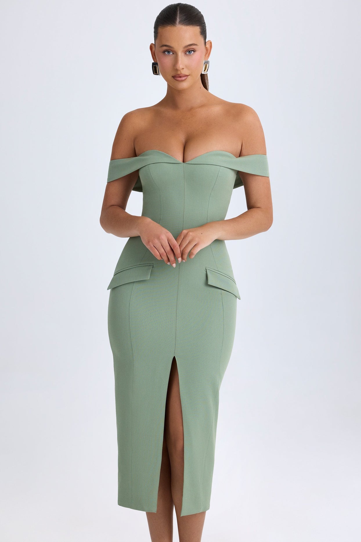 Rasine Off-Shoulder Midaxi Dress in Khaki Green Oh Polly