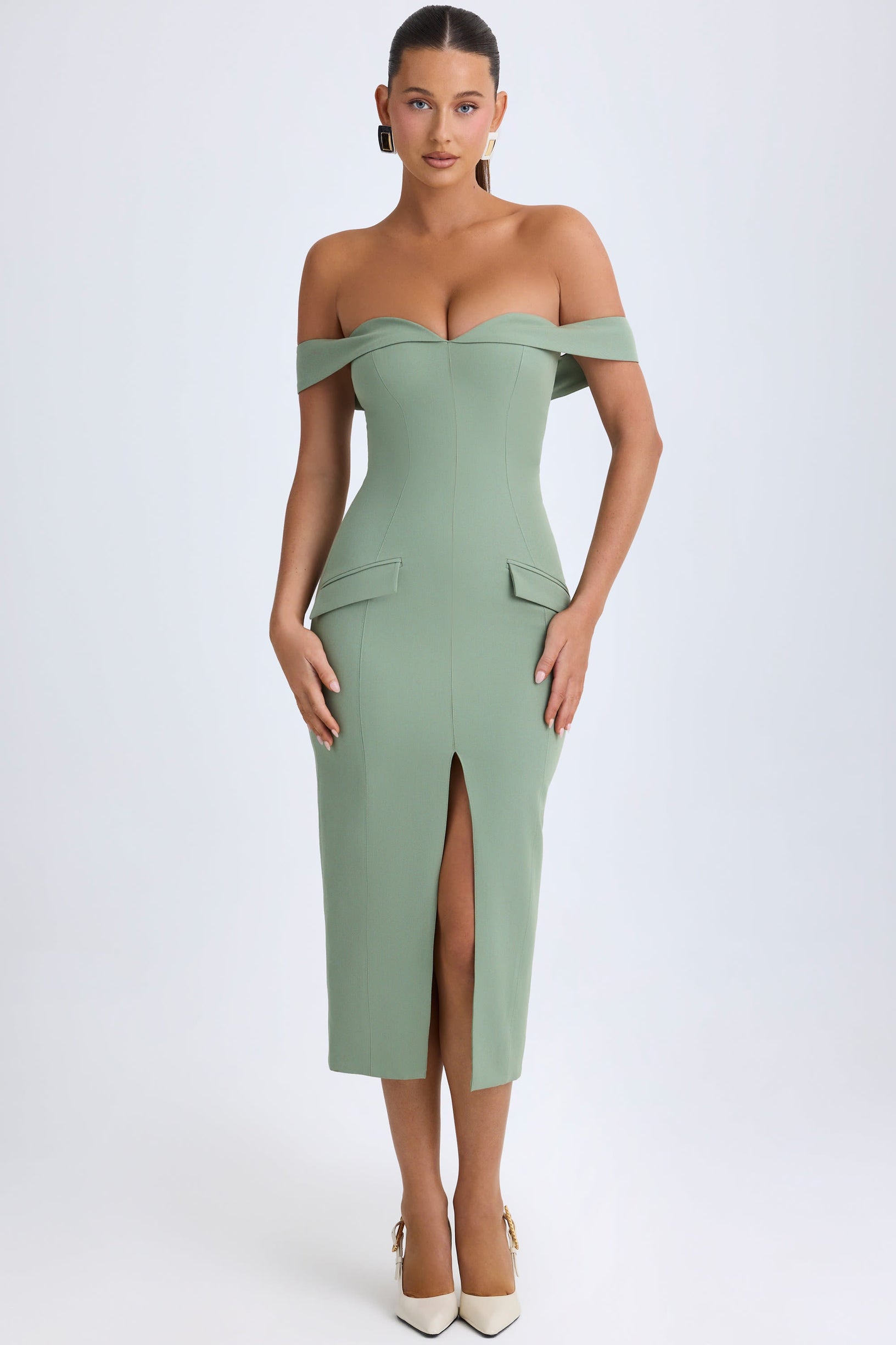 Off-Shoulder Midaxi Dress in Khaki Green - 2