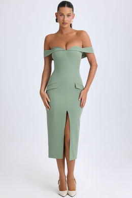 Off-Shoulder Midaxi Dress in Khaki Green