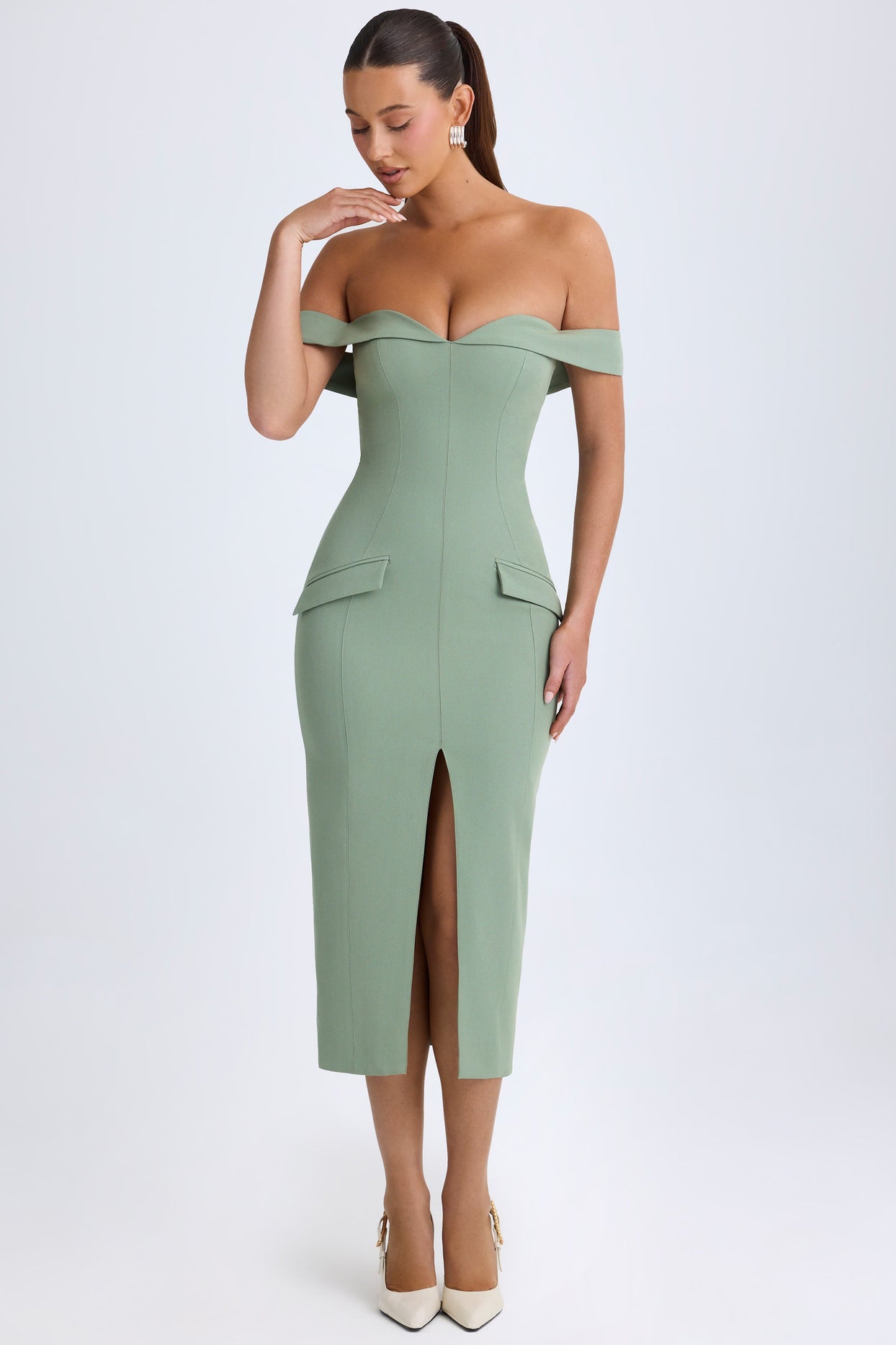 Off-Shoulder Midaxi Dress in Khaki Green