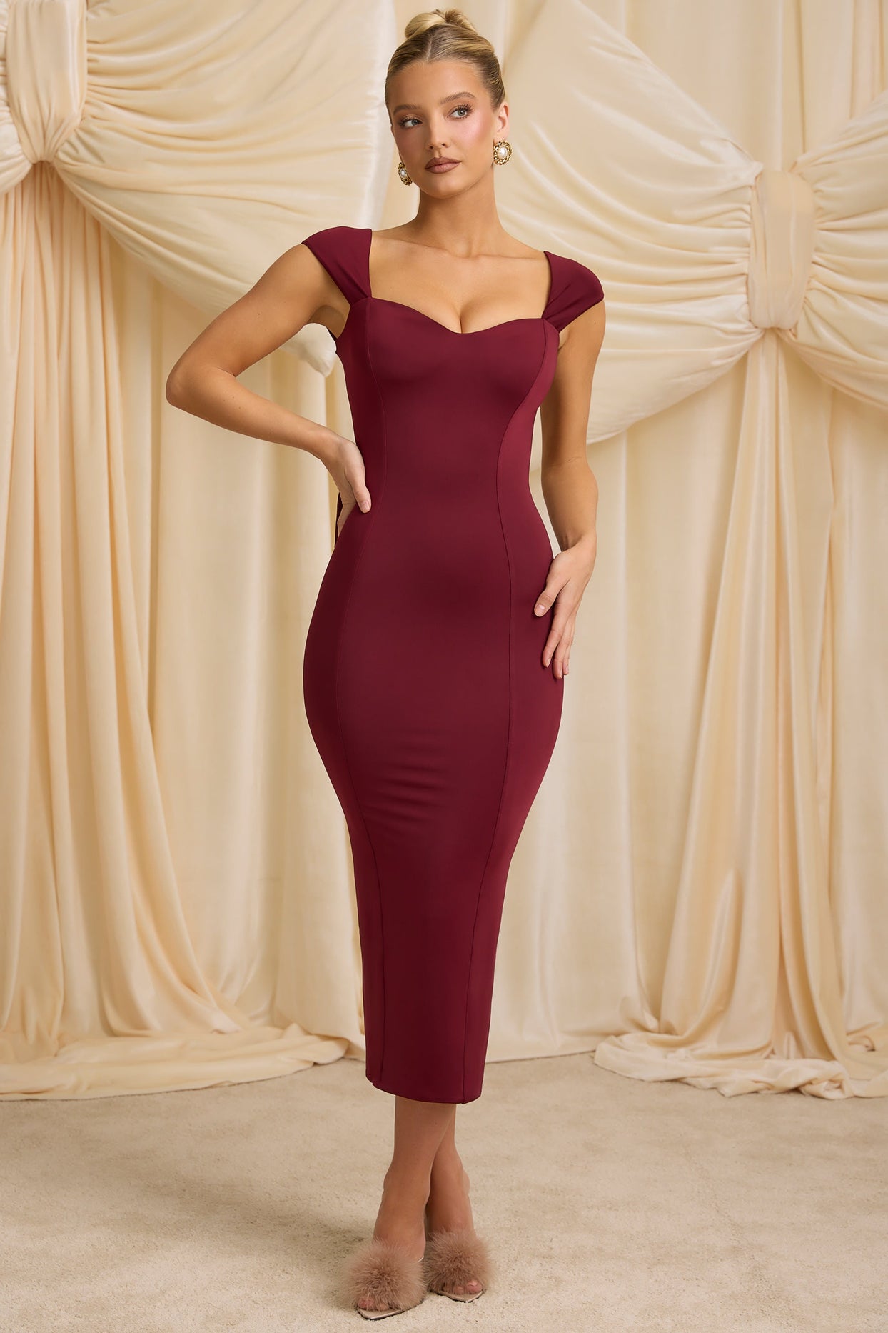 Slinky Jersey Bow-Detail Midaxi Dress in Wine Red