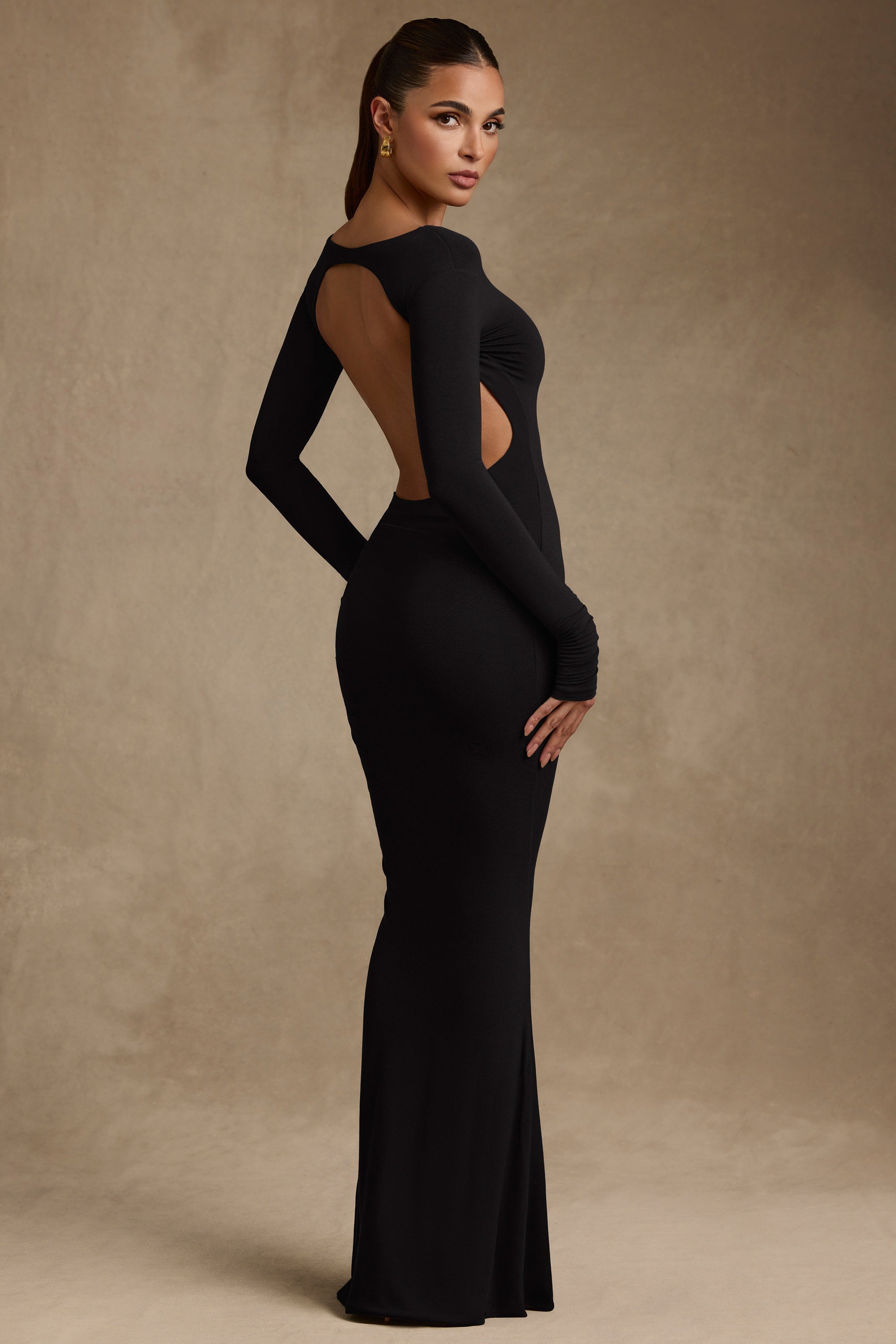 Modal Ruched Backless Maxi Dress in Black