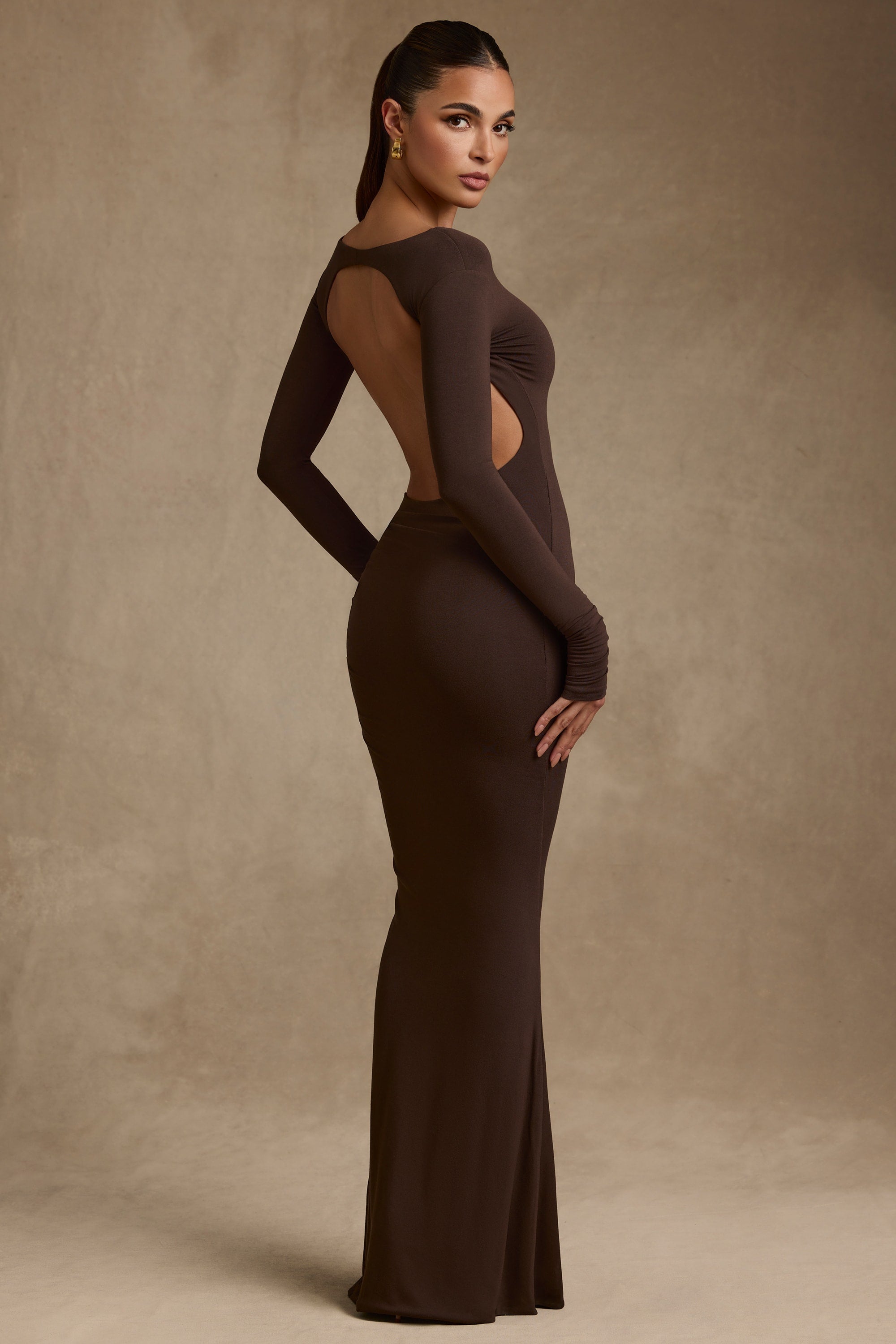 Modal Ruched Backless Maxi Dress in Chocolate Brown