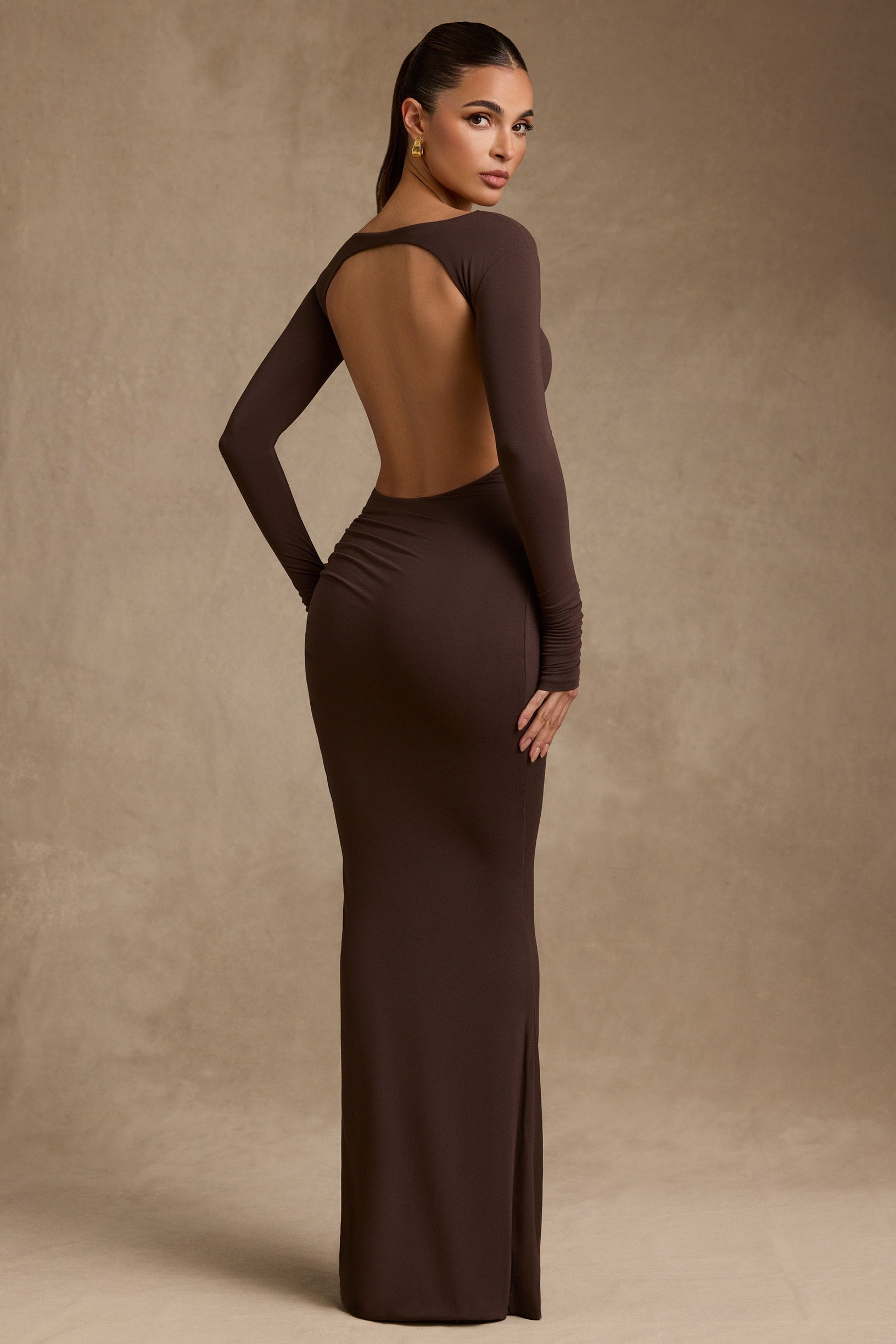 Modal Ruched Backless Maxi Dress in Chocolate Brown - 1