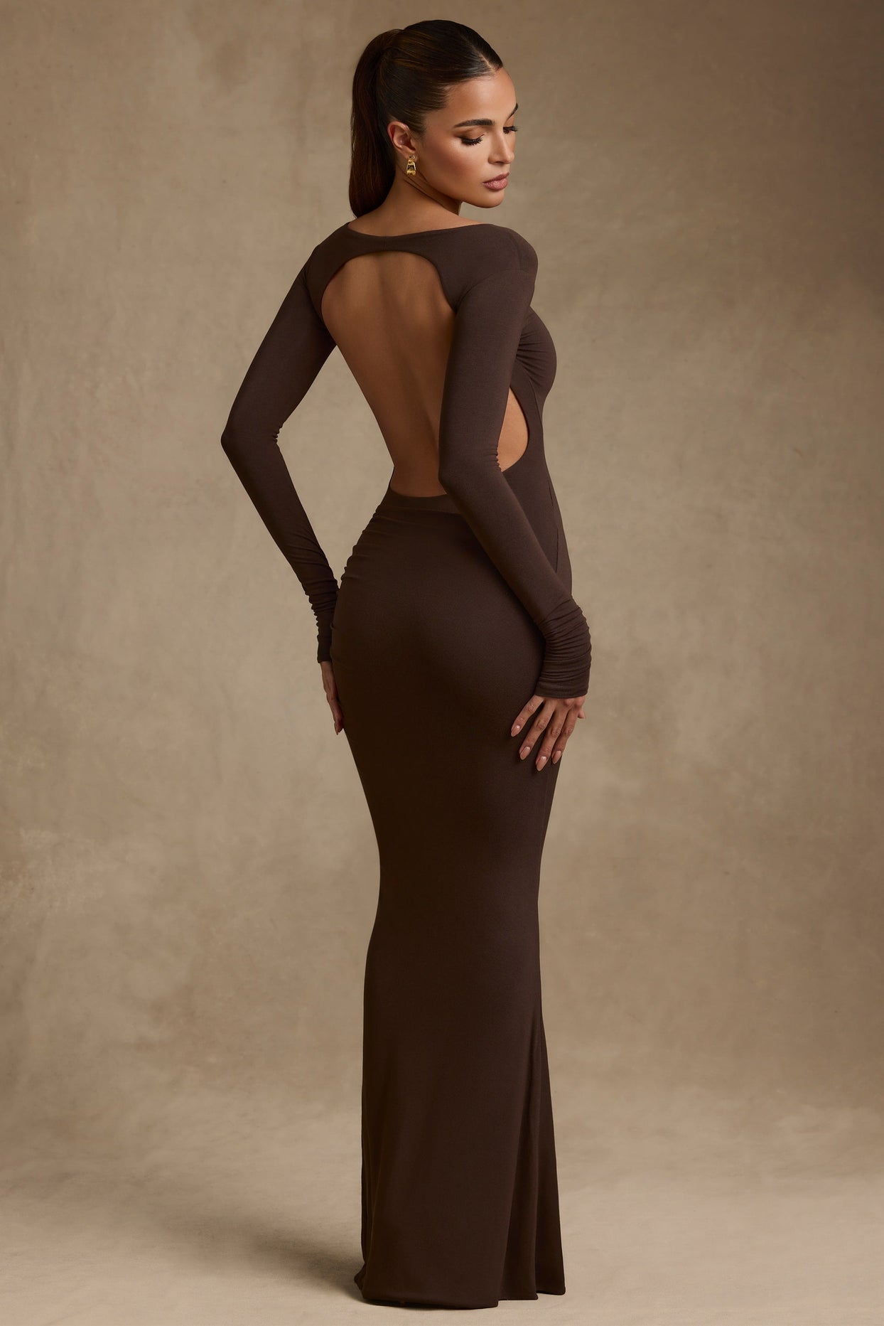 Tencel™ Modal Ruched Backless Maxi Dress in Chocolate Brown Oh Polly