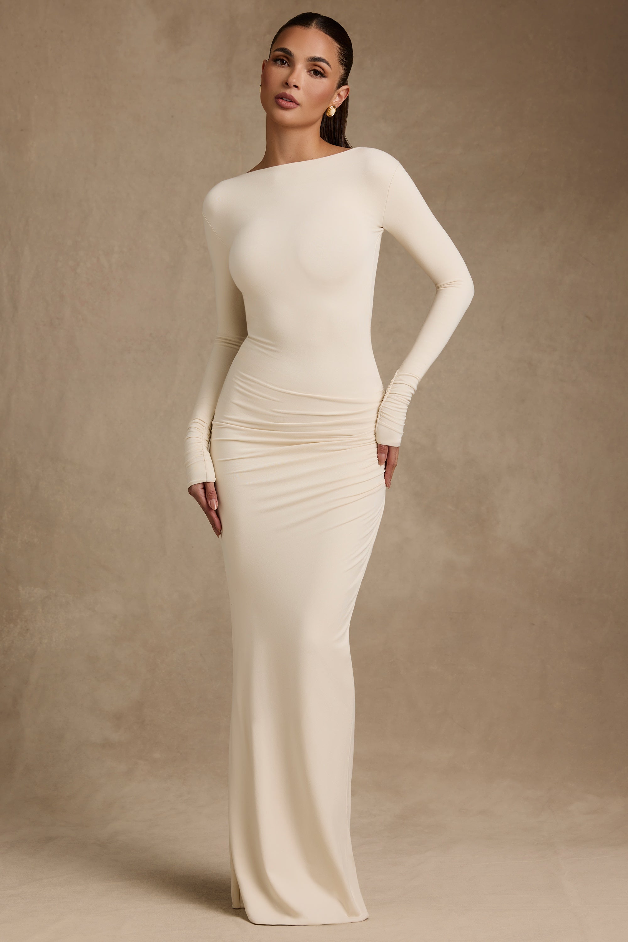 Modal Ruched Backless Maxi Dress in Ivory