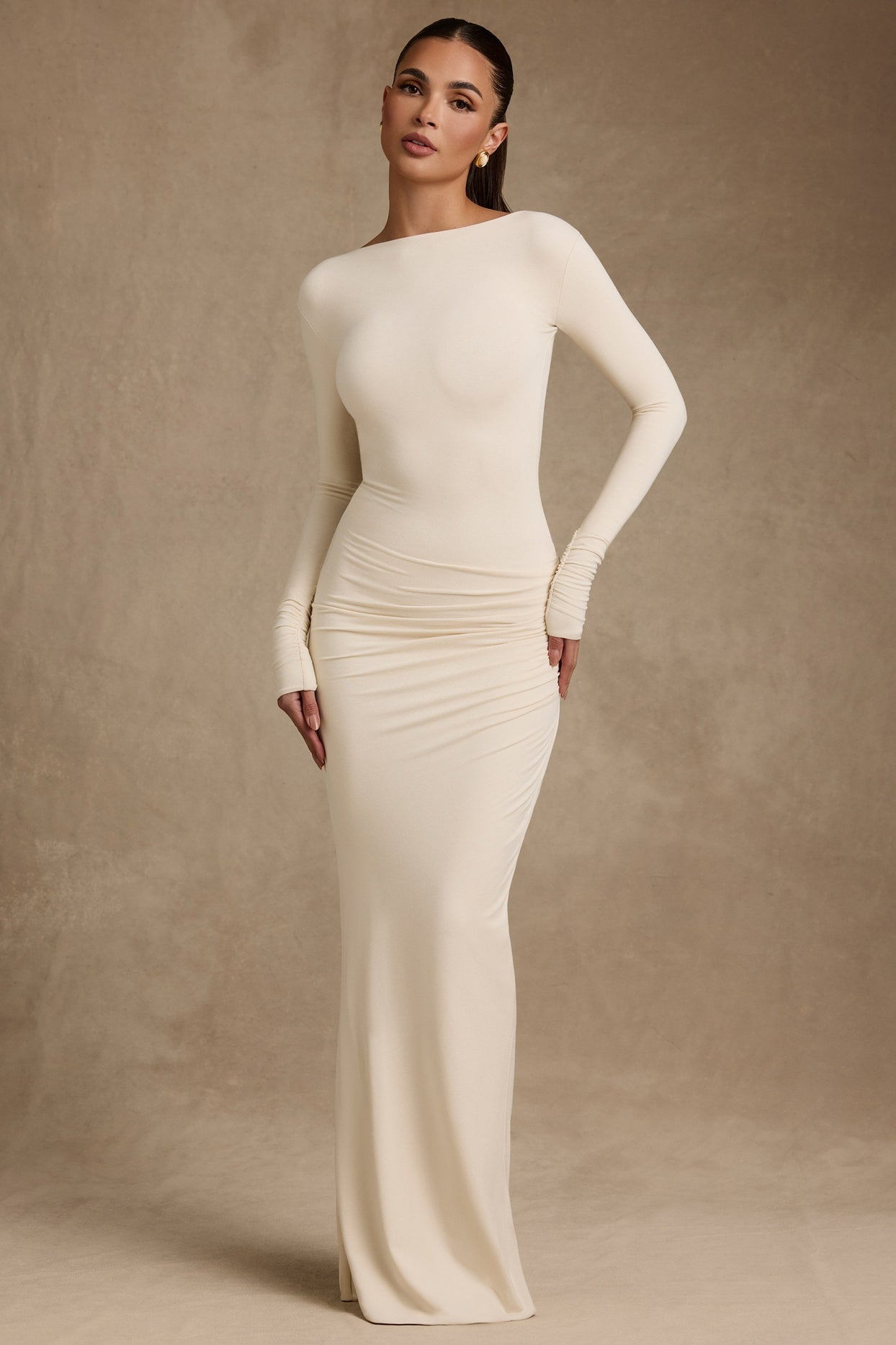ruched ivory dress Vellamo Ivory One Shoulder Ruched Bodycon Maxi Dress, XL / White