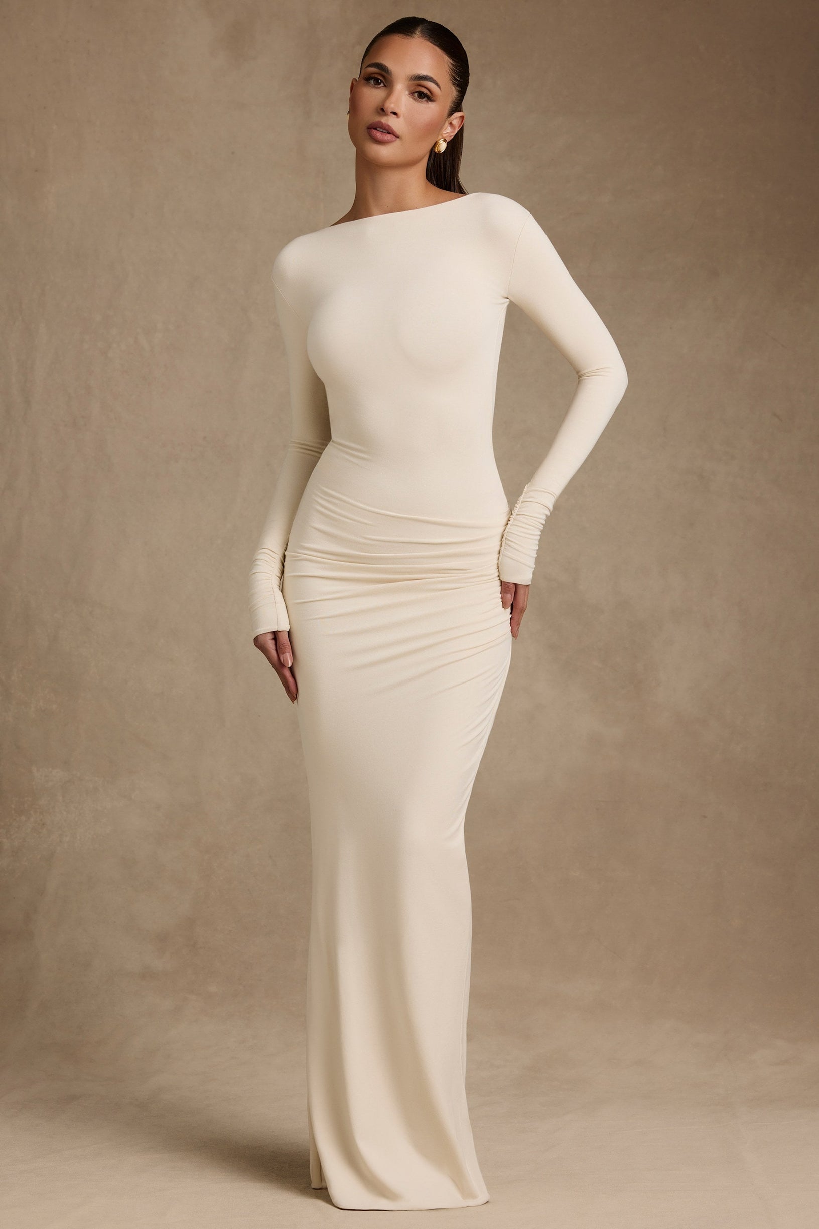 Modal Ruched Backless Maxi Dress in Ivory - 1