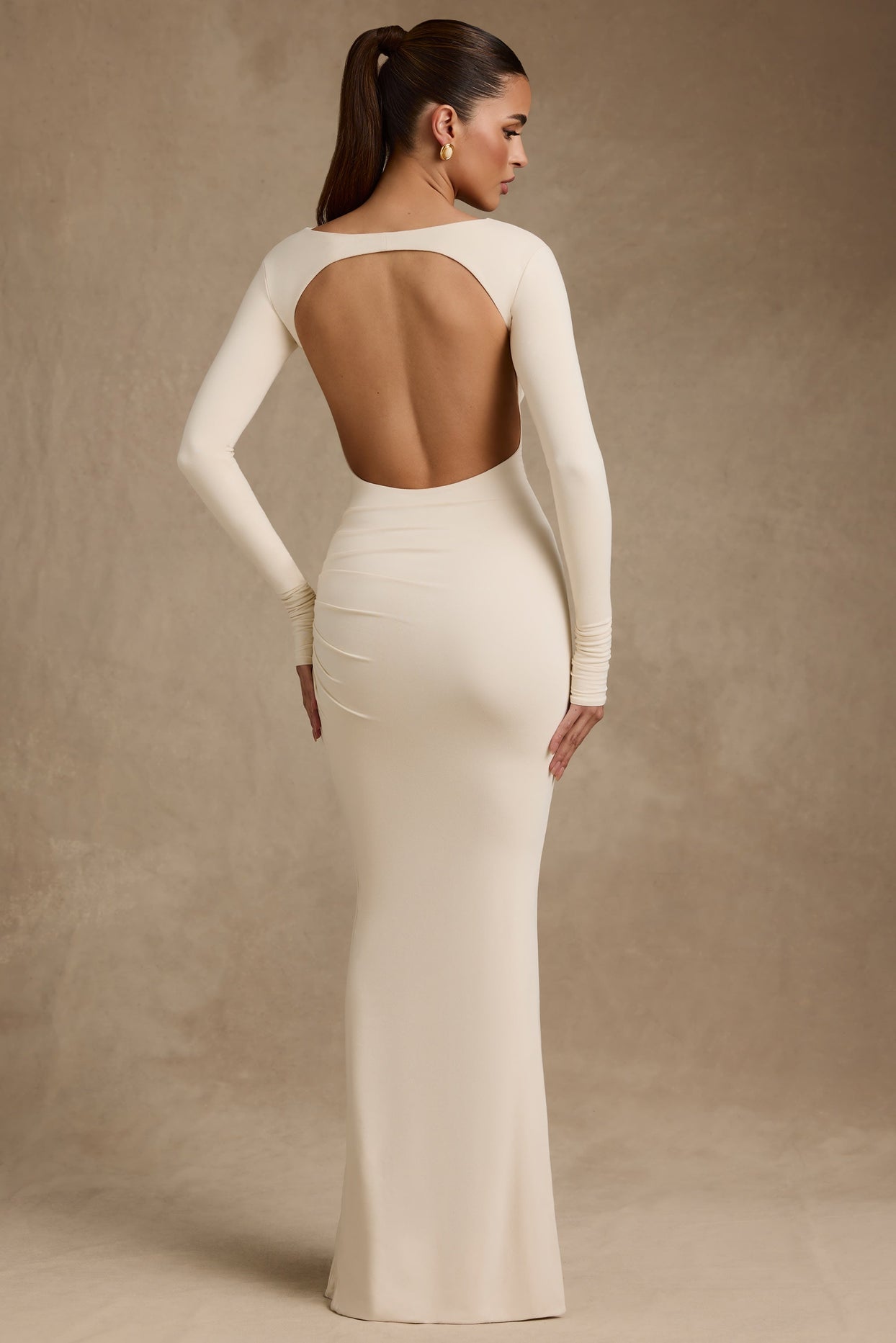 ruched backless dress Elegant Halter Mermaid Maxi Dress Long Sleeve Ruched Backless Bodycon Party