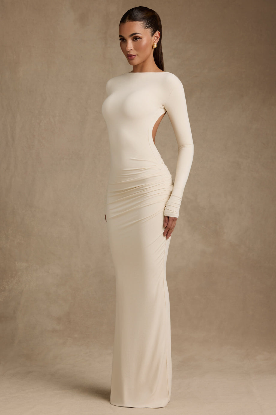 Modal Ruched Backless Maxi Dress in Ivory