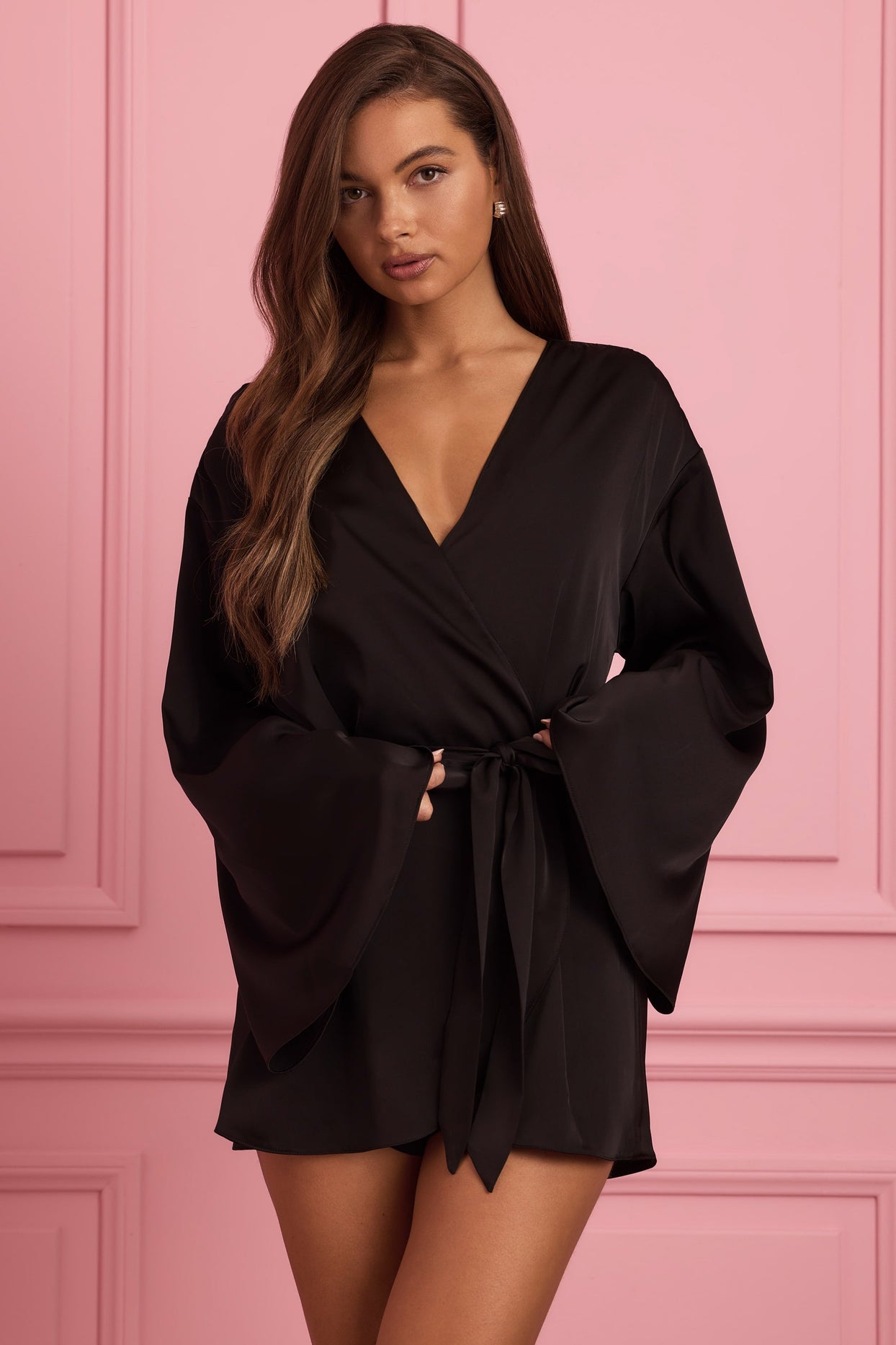 Embellished Wrap-Over Robe in Black