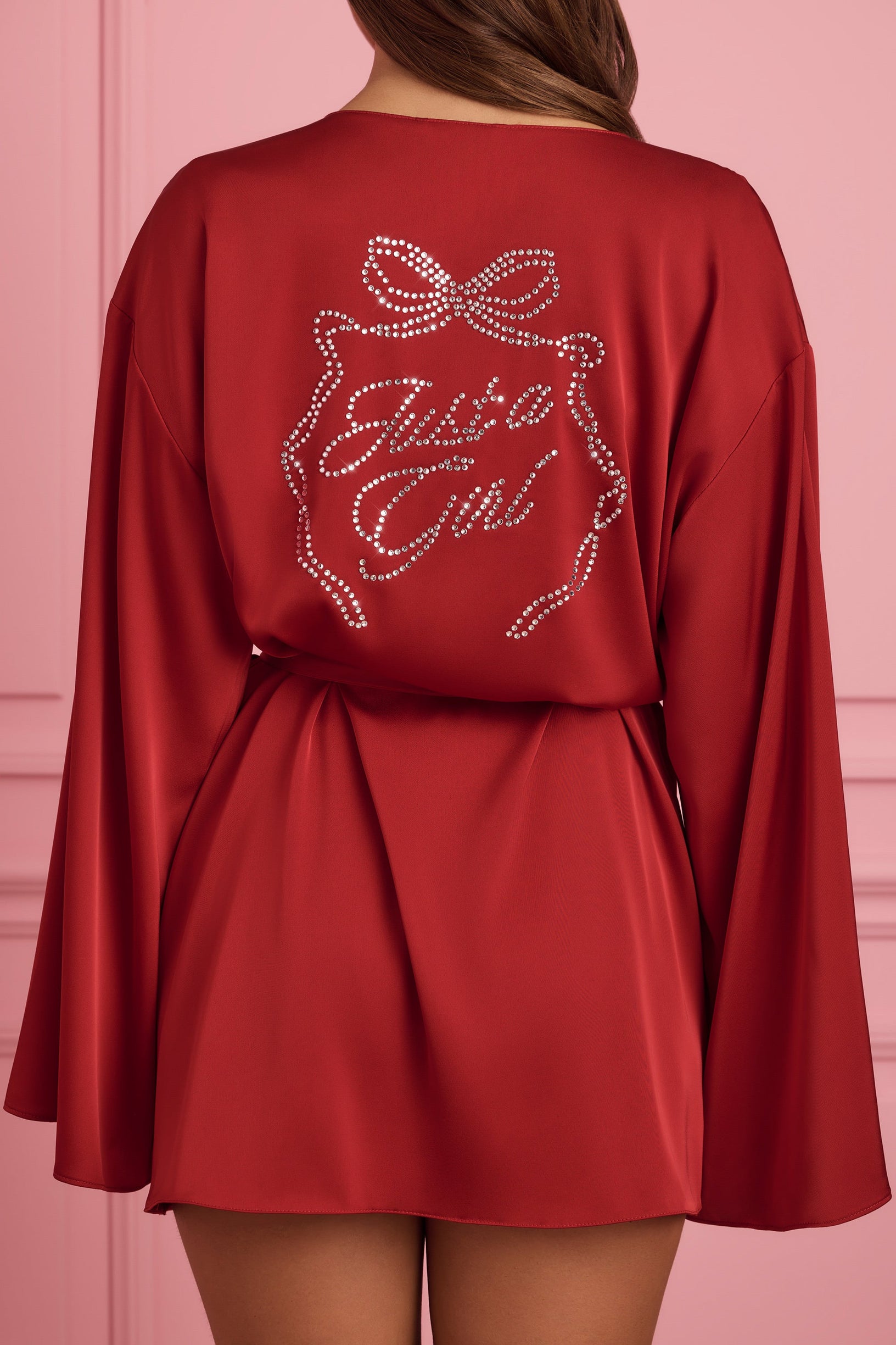 Embellished Loose-Fit Wrap-Over Robe in Ruby Red - 2