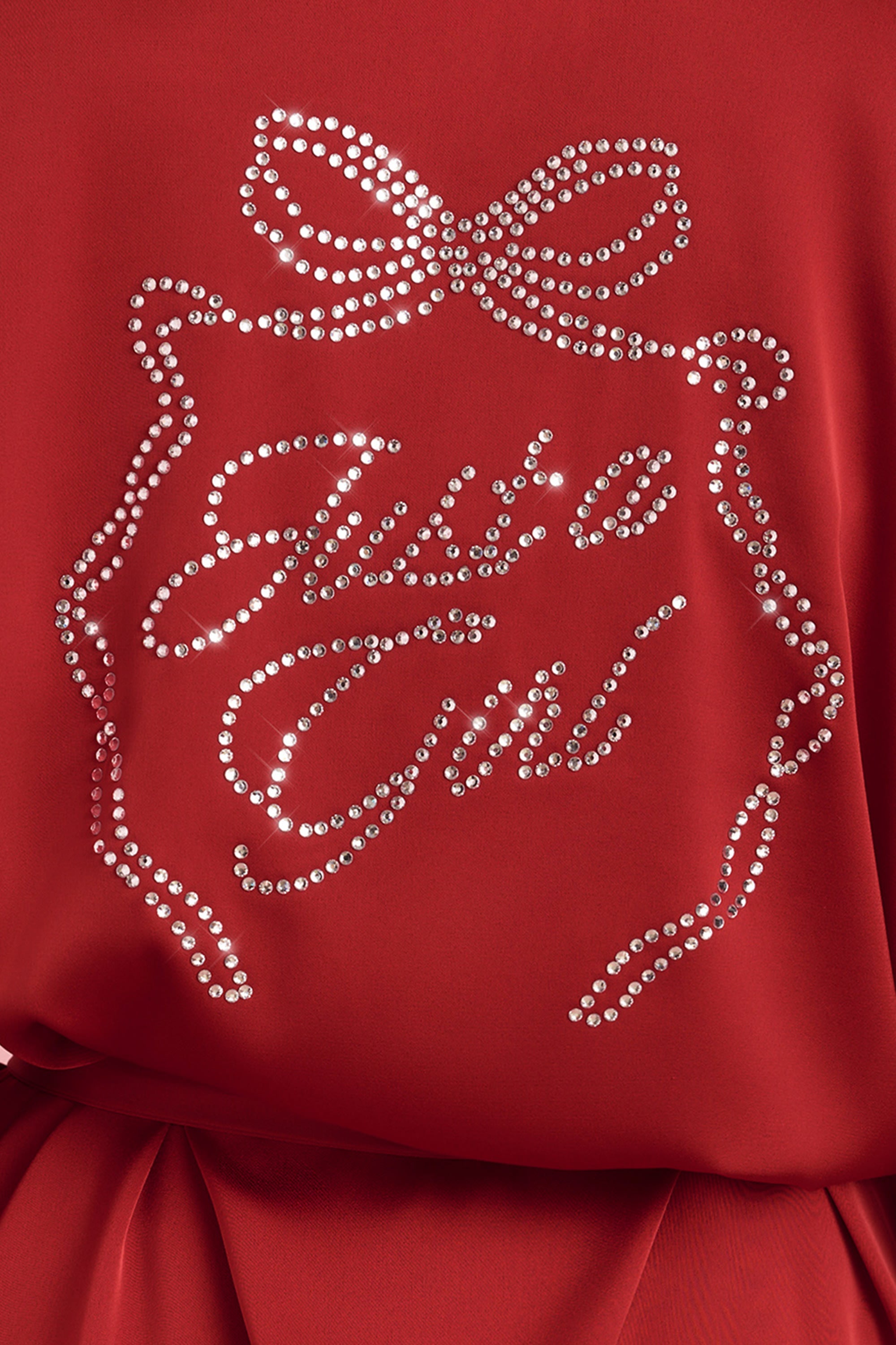 Embellished Loose-Fit Wrap-Over Robe in Ruby Red