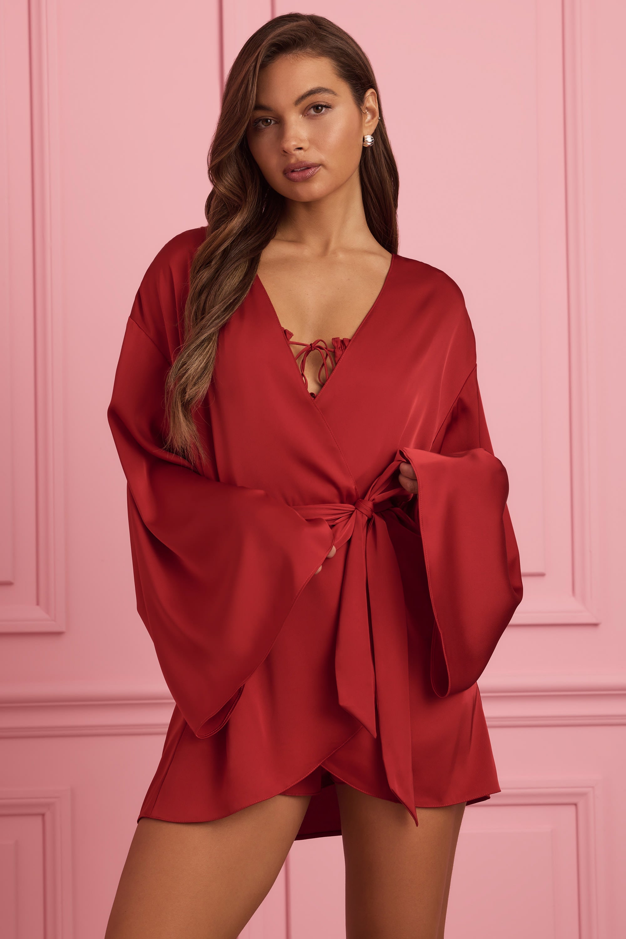 Embellished Loose-Fit Wrap-Over Robe in Ruby Red