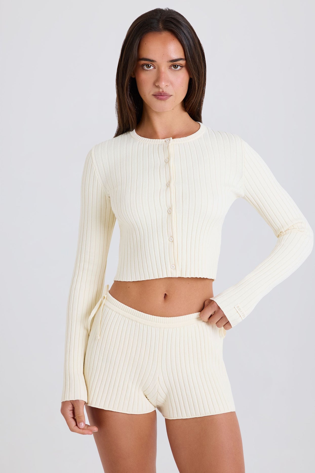 Ribbed-Knit Button-Up Cardigan in Cream