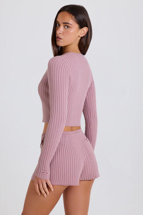 Ribbed-Knit Button-Up Cardigan in Mauve