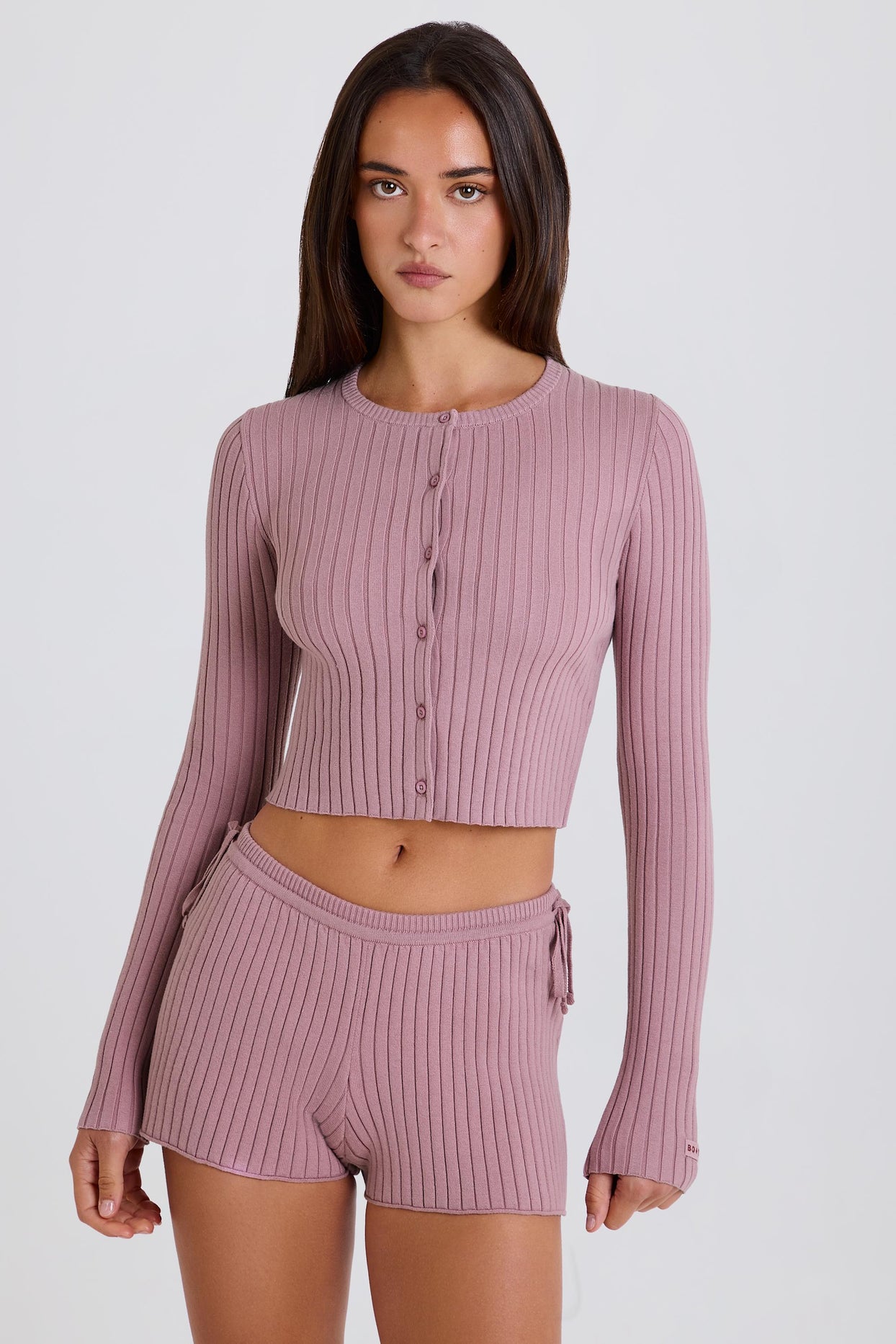 Ribbed-Knit Button-Up Cardigan in Mauve