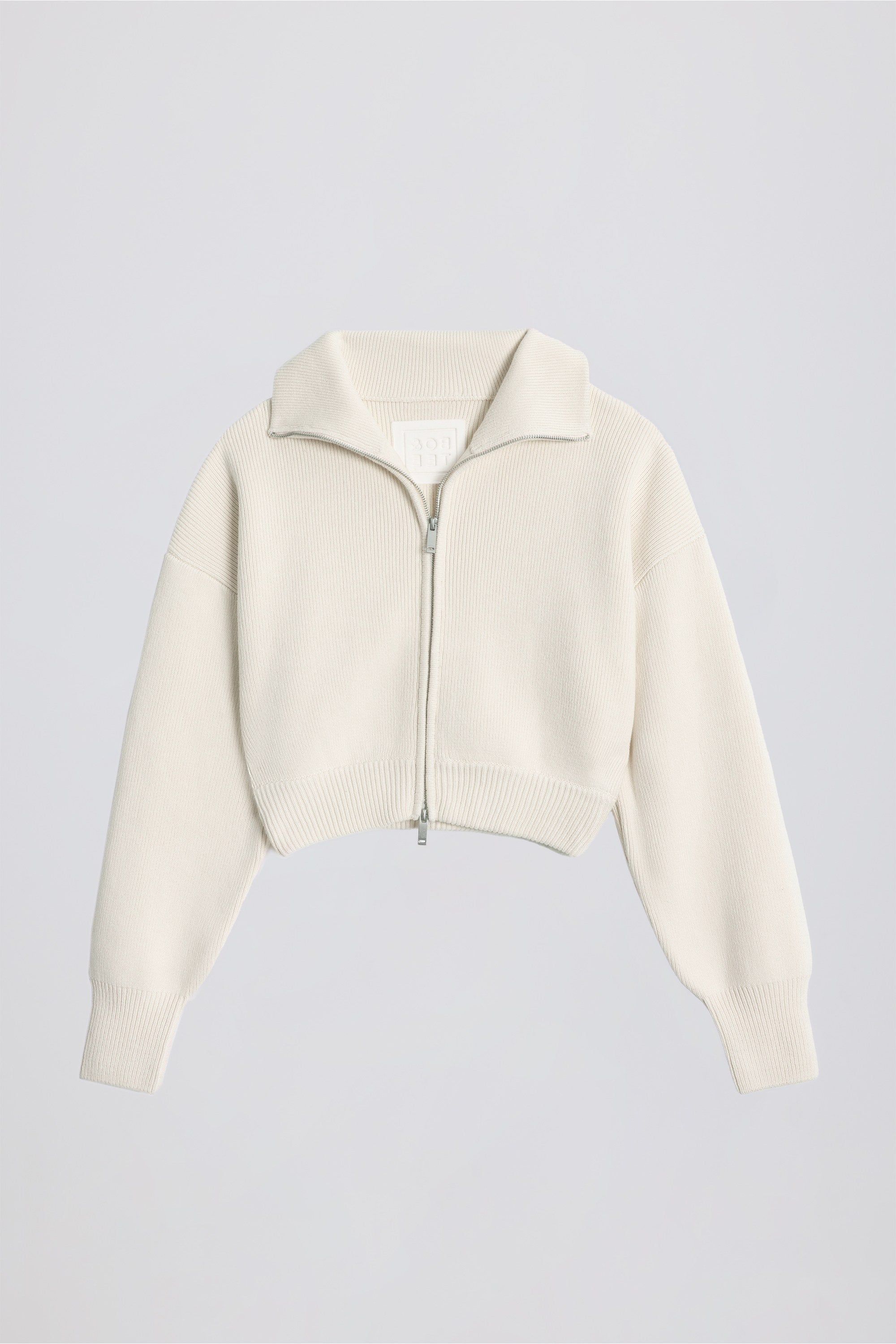Ribbed Knit Zip-Up Cropped Sweatshirt in Ivory
