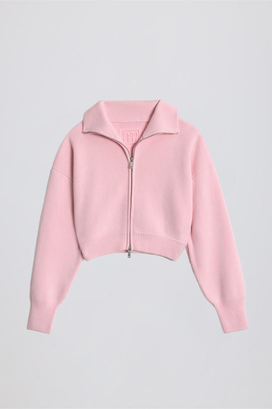 Ribbed-Knit Cropped Zip-Up Sweatshirt in Pale Pink