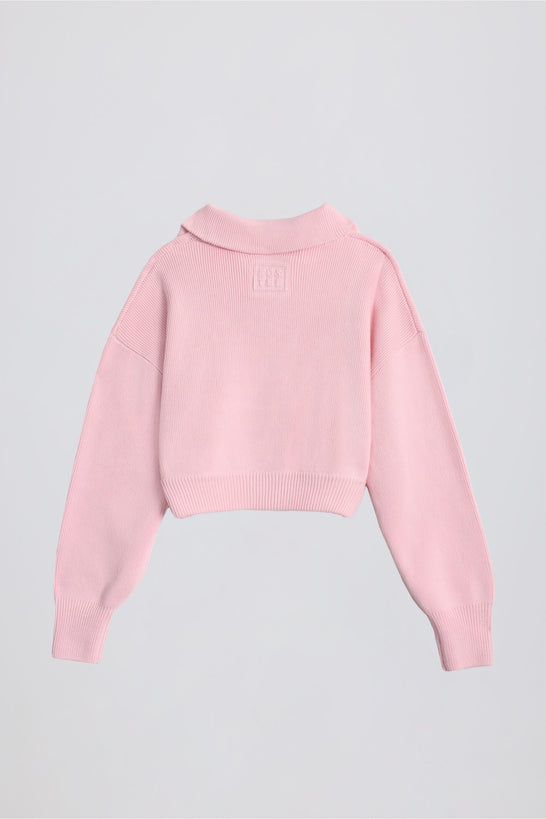 Ribbed-Knit Cropped Zip-Up Sweatshirt in Pale Pink