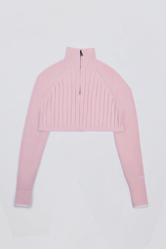 Ribbed-Knit Quarter-Zip Cropped Jumper in Powder Pink