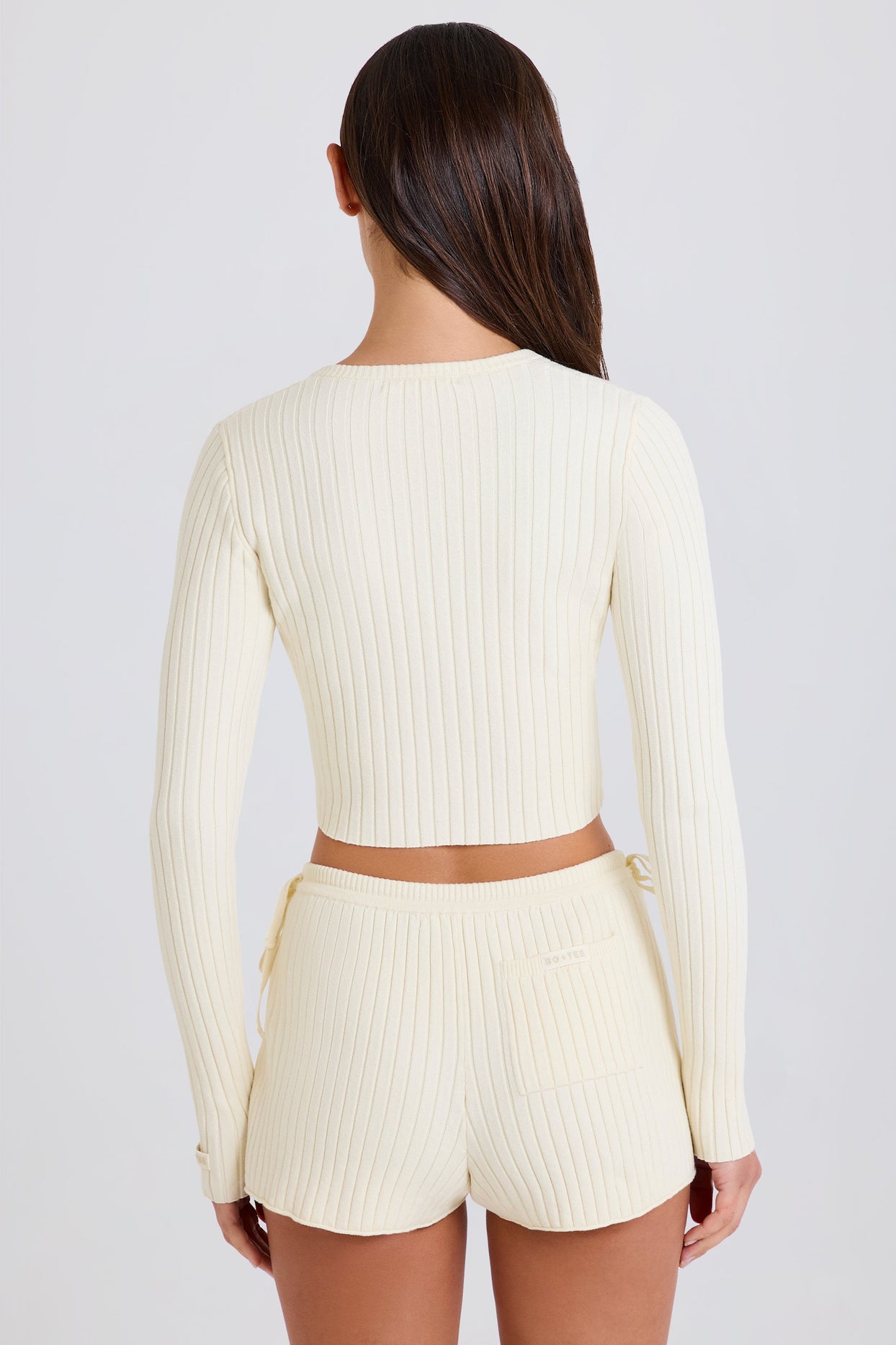 Ribbed-Knit Tie Mini Shorts in Cream