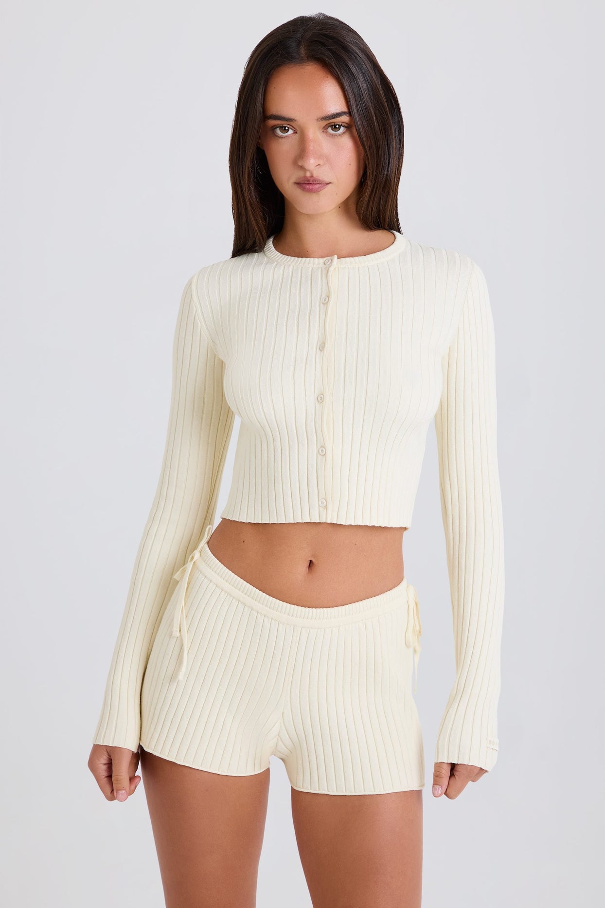 Ribbed-Knit Tie Mini Shorts in Cream