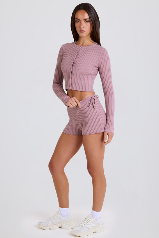 Ribbed-Knit Tie Mini Shorts in Mauve
