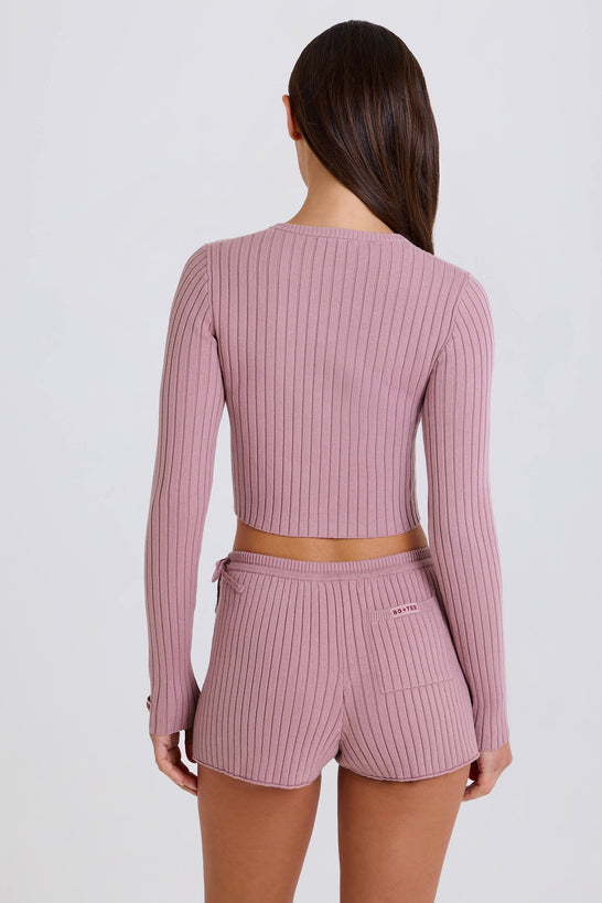 Ribbed-Knit Tie Mini Shorts in Mauve