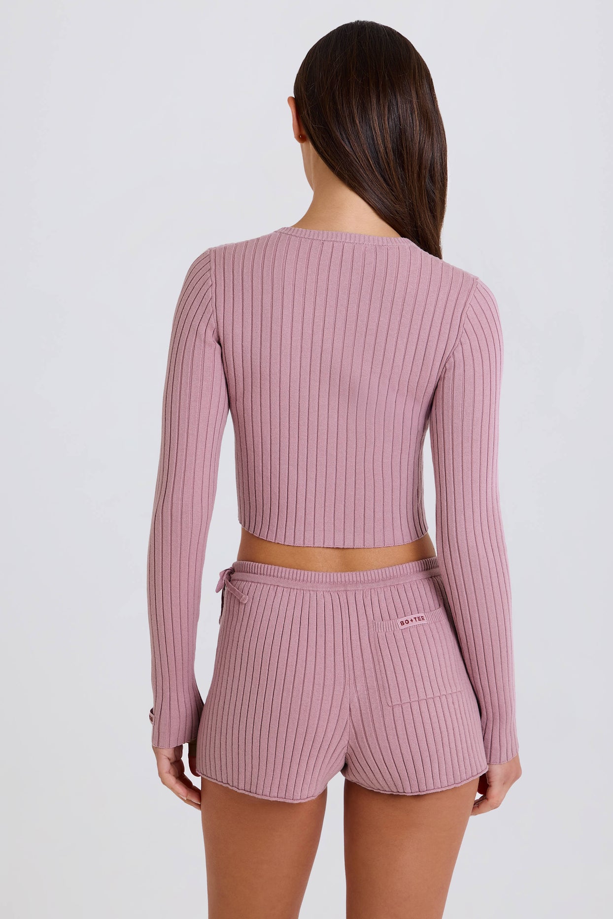 Ribbed-Knit Tie Mini Shorts in Mauve