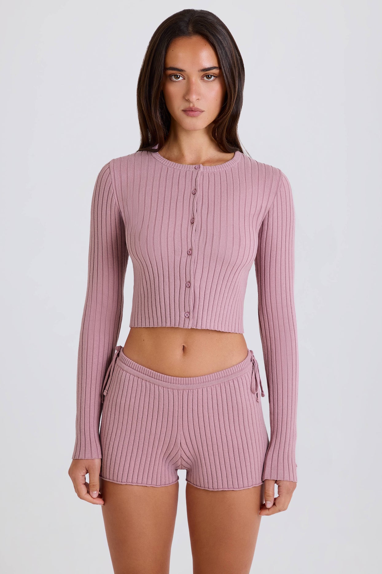 Ribbed-Knit Tie Mini Shorts in Mauve