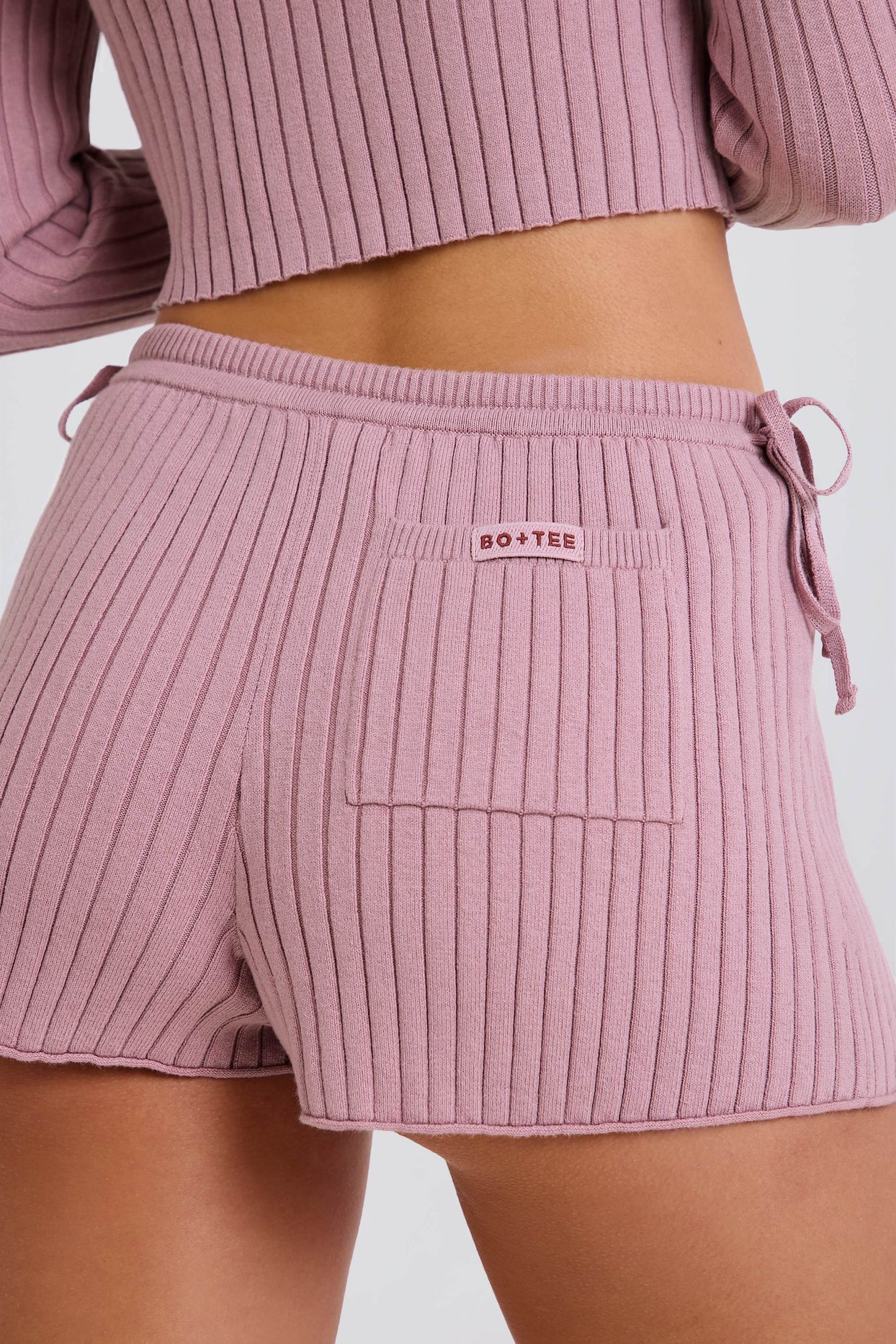 Ribbed-Knit Tie Mini Shorts in Mauve