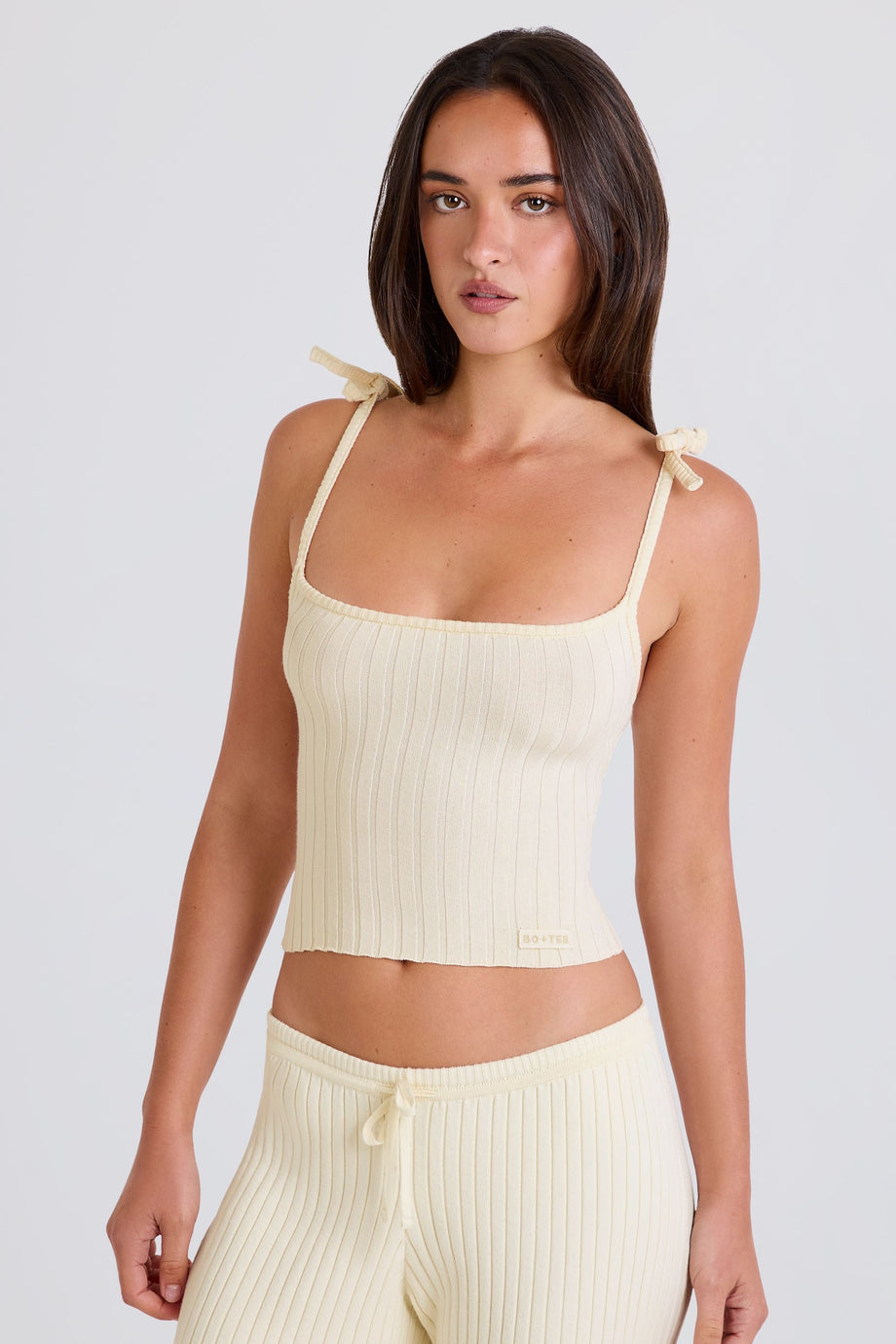 Ribbed-Knit Tie Tank Top in Cream