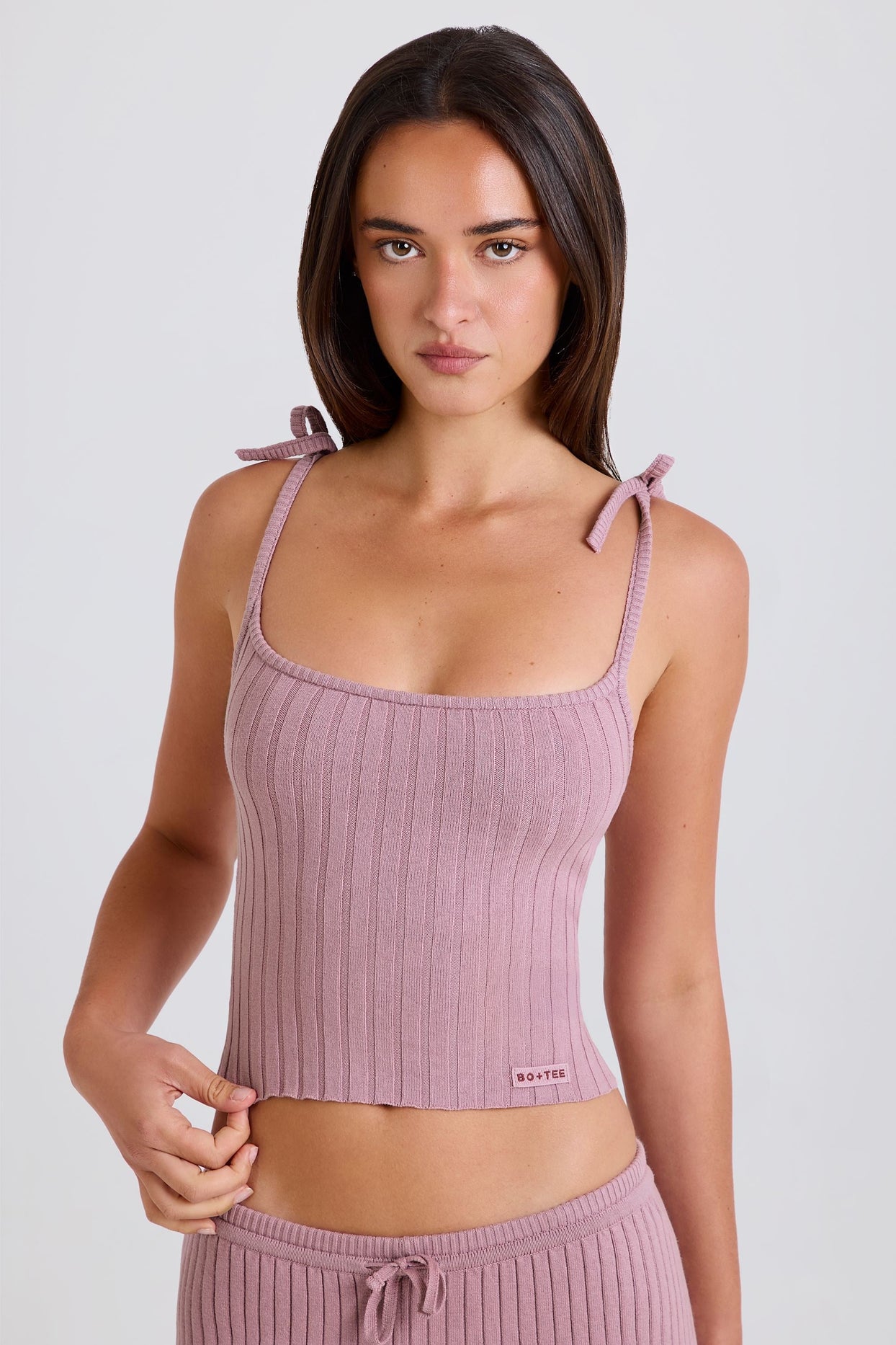 Ribbed-Knit Tie Tank Top in Mauve