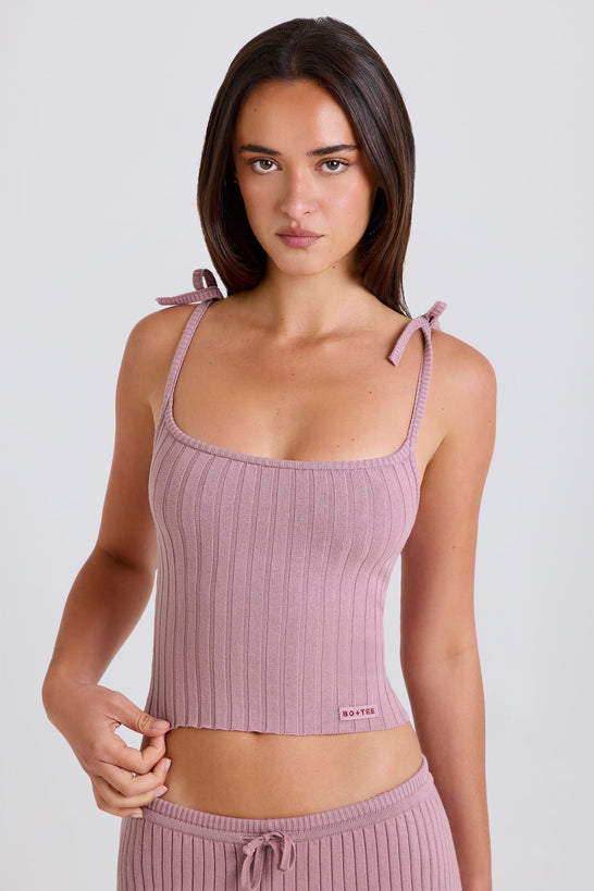 Ribbed-Knit Tie Tank Top in Mauve