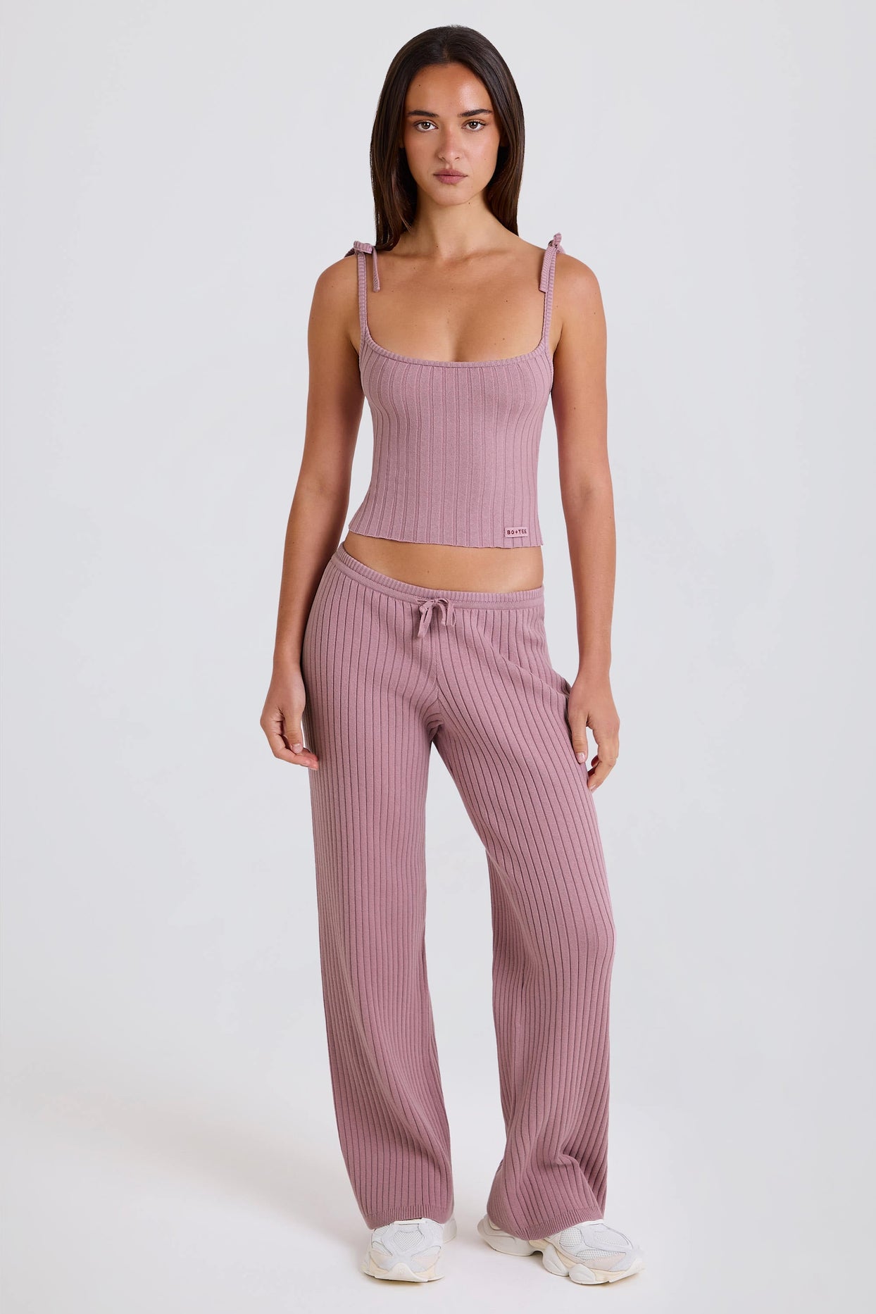 Ribbed-Knit Tie Tank Top in Mauve