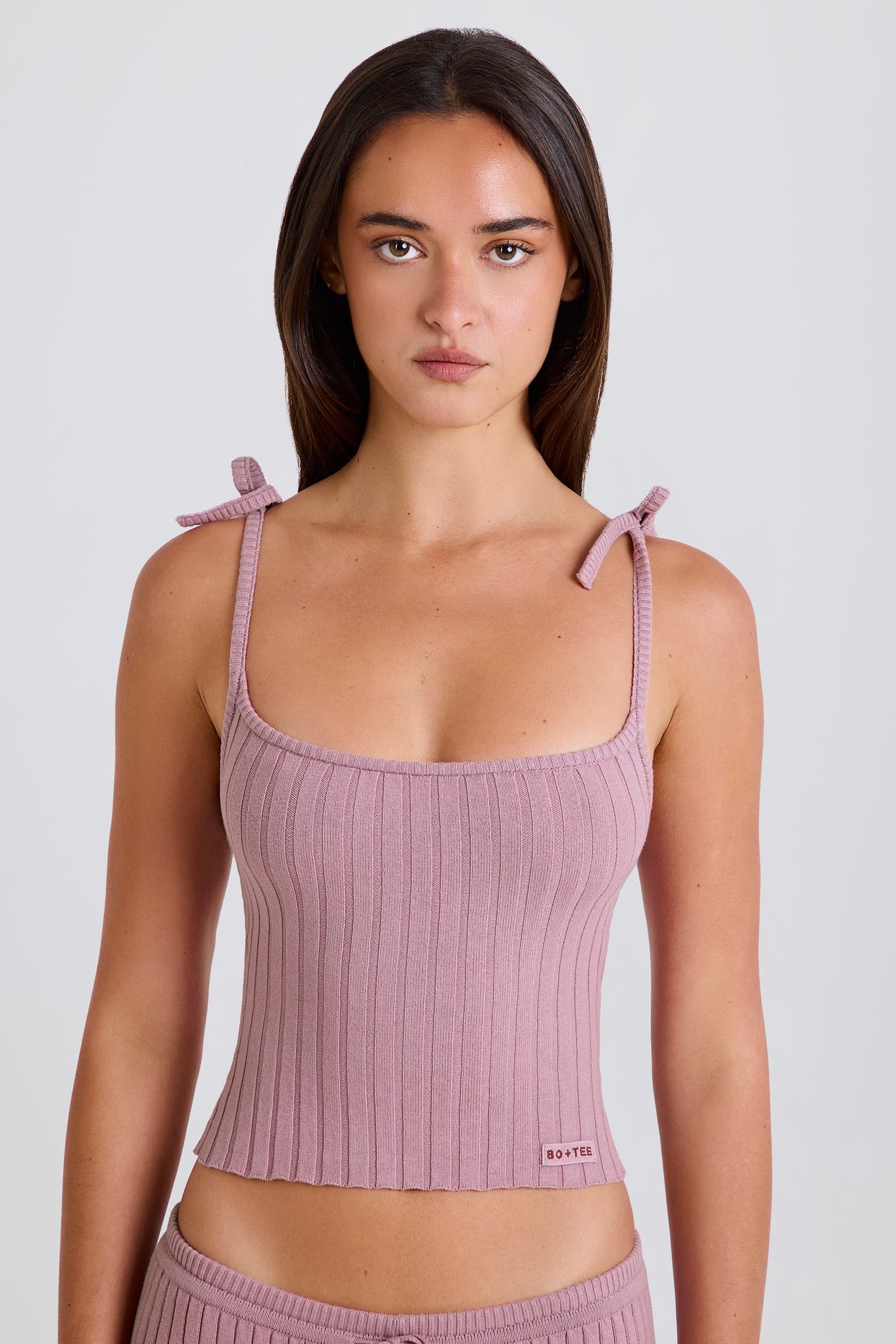 Ribbed-Knit Tie Tank Top in Mauve