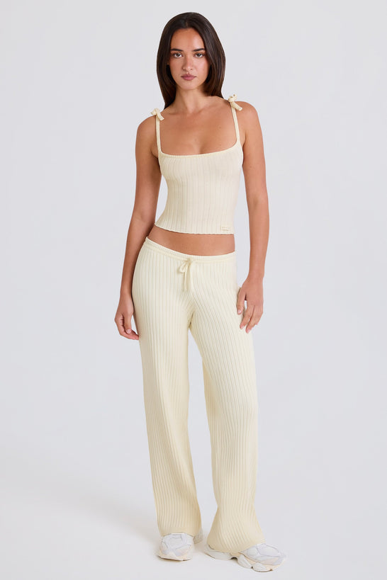 Ribbed-Knit Wide-Leg Joggers in Cream