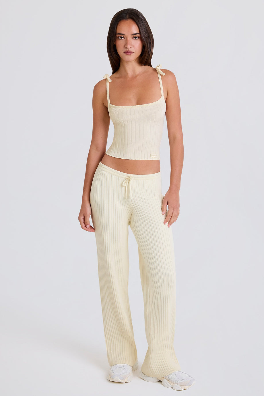 Ribbed-Knit Wide-Leg Joggers in Cream