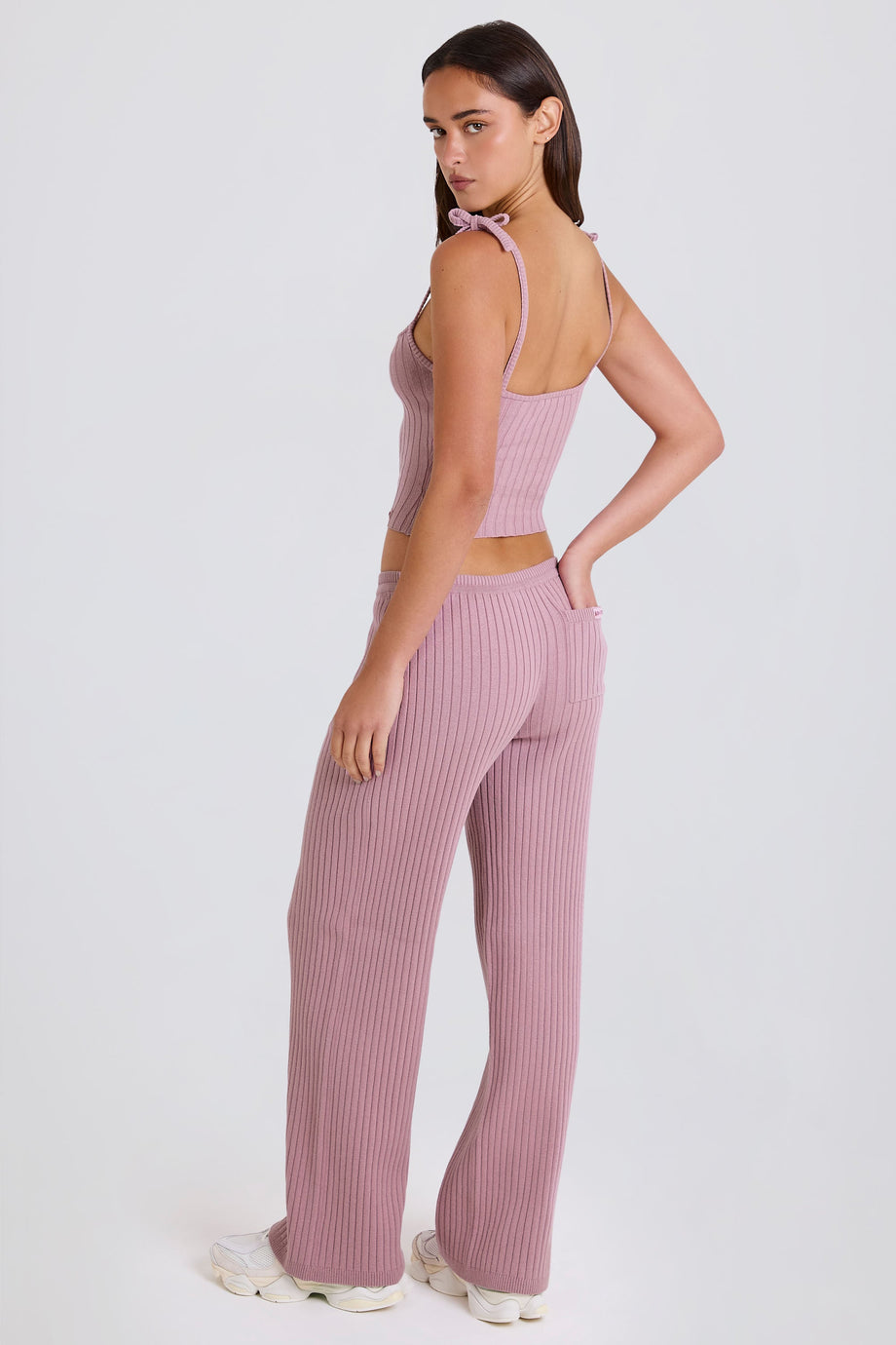 Ribbed-Knit Wide-Leg Joggers in Mauve