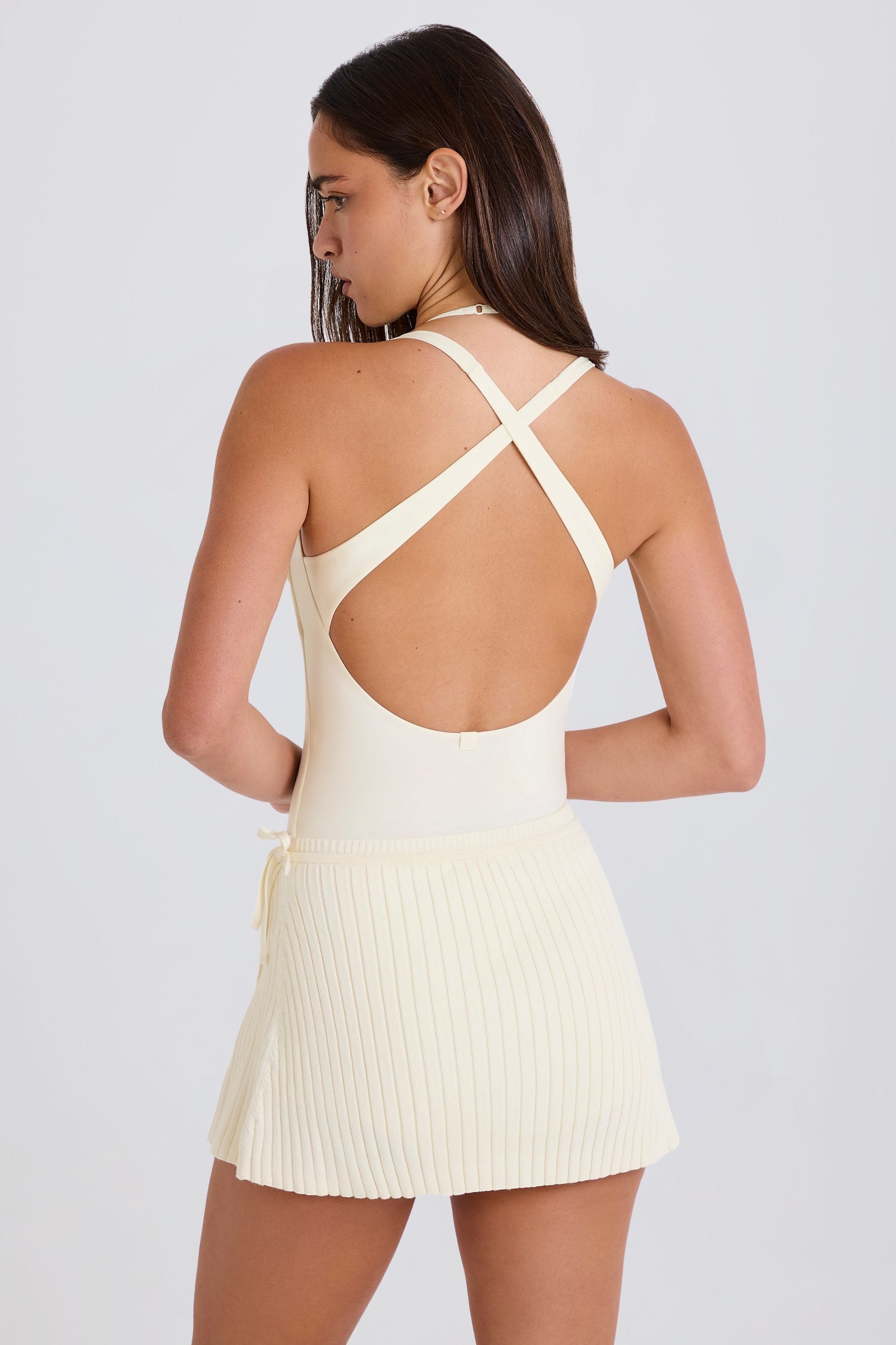 Ribbed Knit Tie Wrapover Skort in Cream - 2