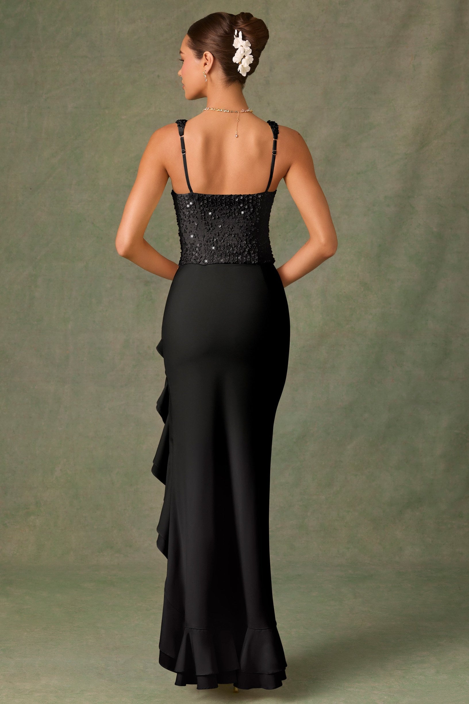 Embellished Ruffle-Trim Corset Gown in Black - 2