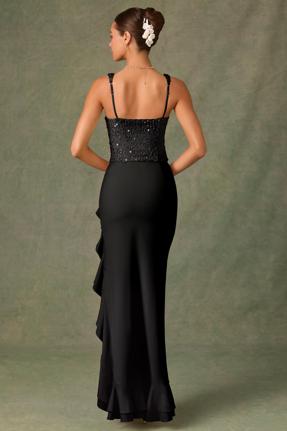 Embellished Ruffle-Trim Corset Gown in Black