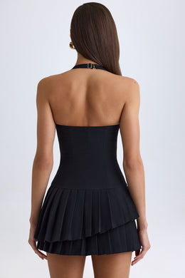 Asymmetric Layered Halterneck Mini Dress in Black