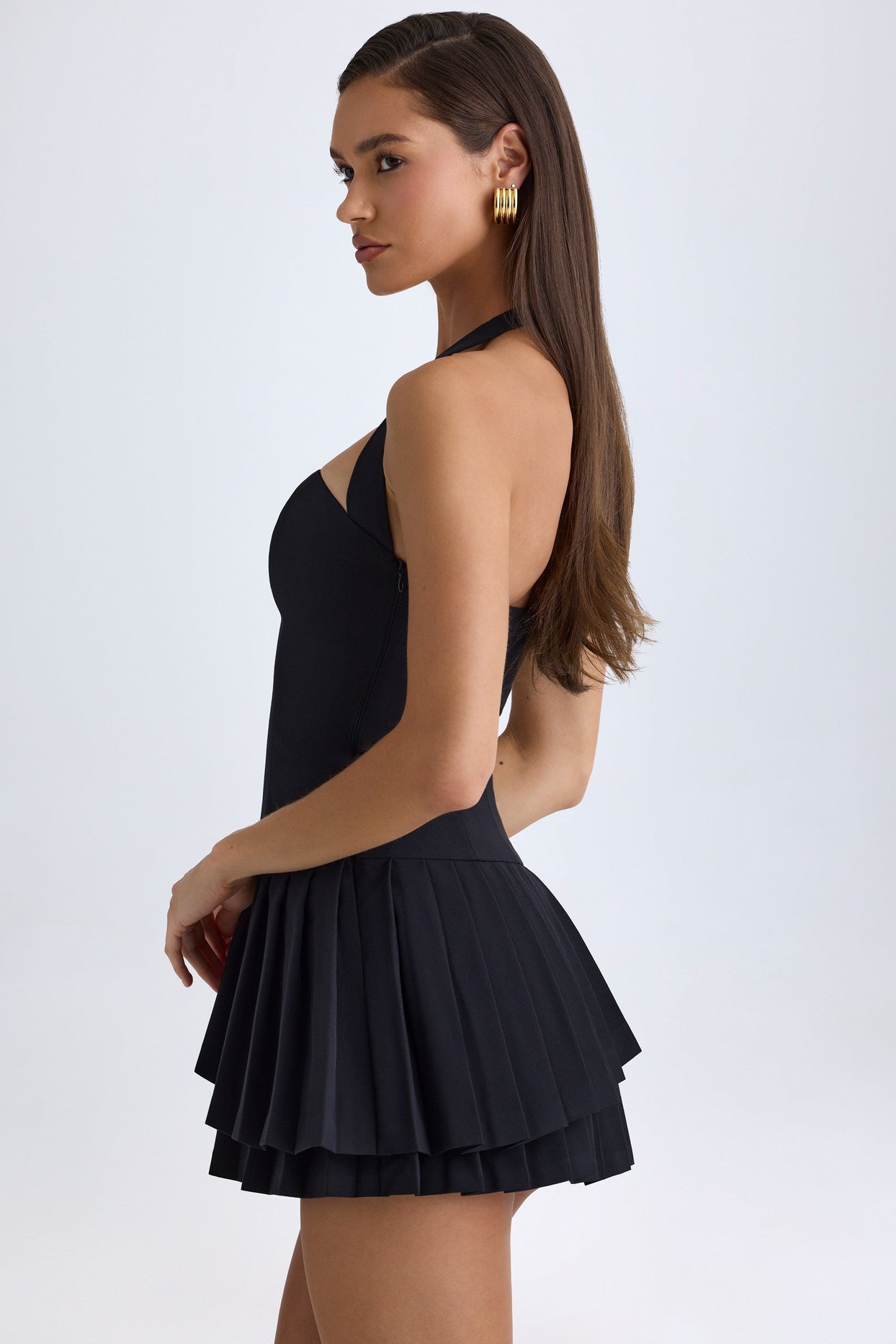 Asymmetric Layered Halterneck Mini Dress in Black