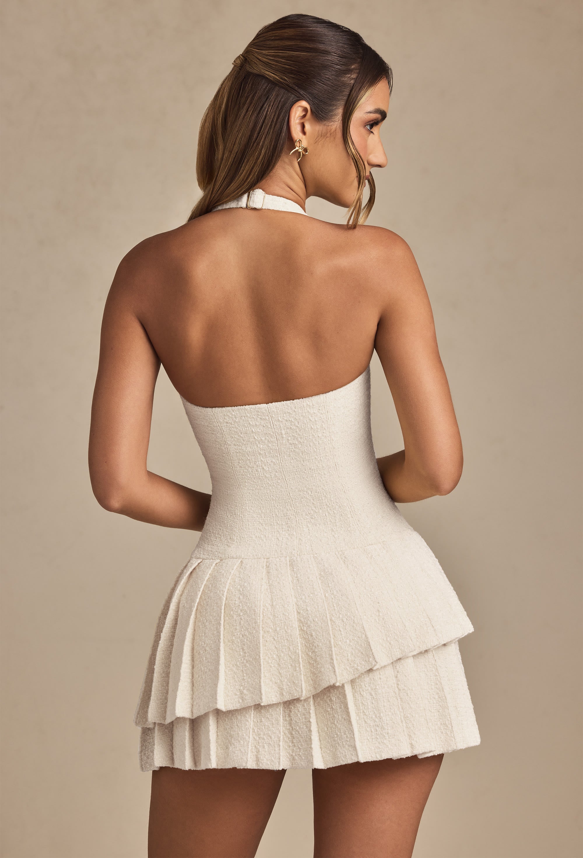 Rosaria Asymmetric Layered Halterneck Mini Dress in Ivory | Oh Polly