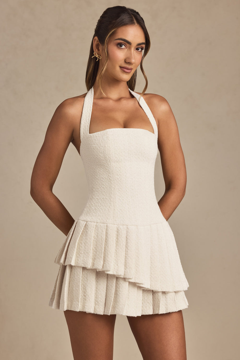 Asymmetric Layered Halterneck Mini Dress in Ivory