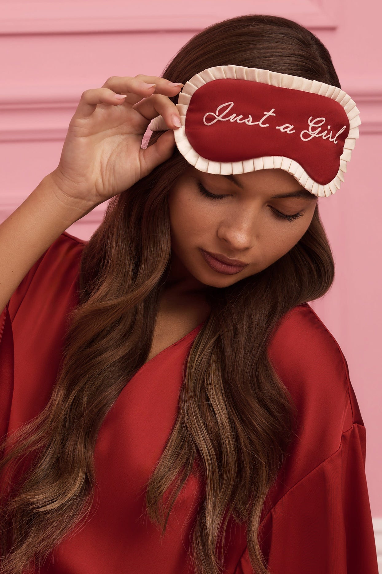 Ruffle-Trim Embroidered Eye Mask in Ruby Red