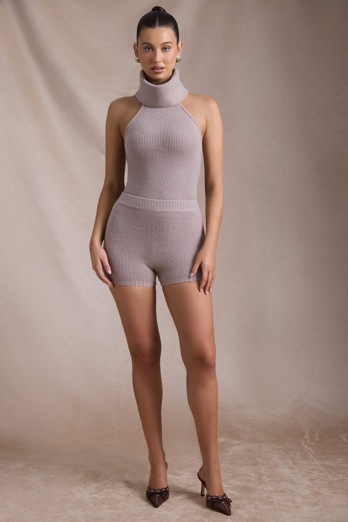Ribbed-Knit Shorts in Taupe