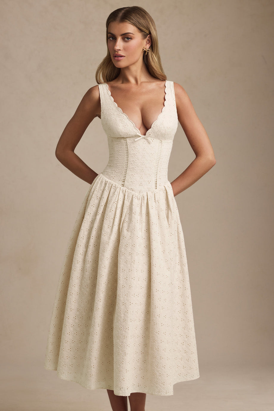 Broderie Anglaise Bow-Detail A-Line Midaxi Dress in Ivory